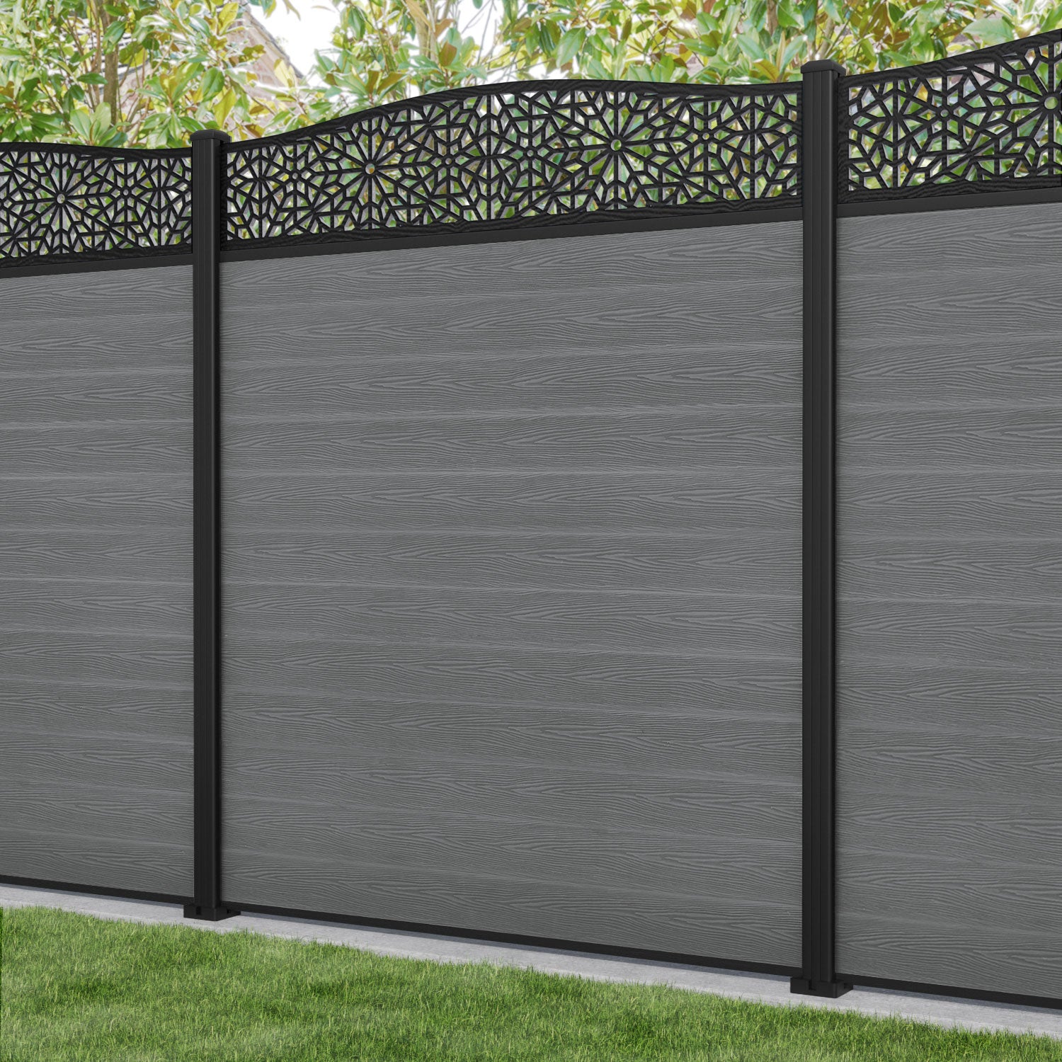 Classic Alnara Curved Top Fence Panel - Mid Grey Aluminum Privacy Fence with Sturdy Posts | Perfect for Backyard, Garden, and Patio Security & Decoration