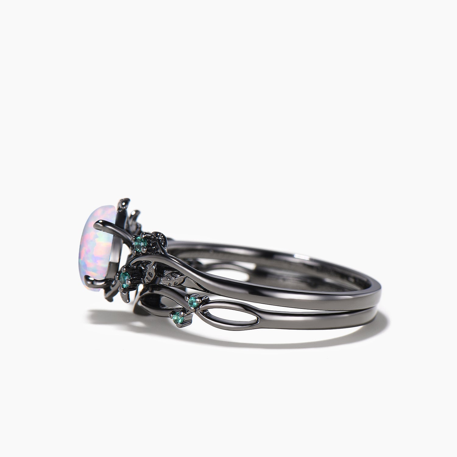 Teardrop Opal Nature Inspired Engagement Ring - Emerald Leaf Gothic Black Bridal Wedding Set for Women | Perfect for Boho, Vintage & Alternative Wedding Jewelry