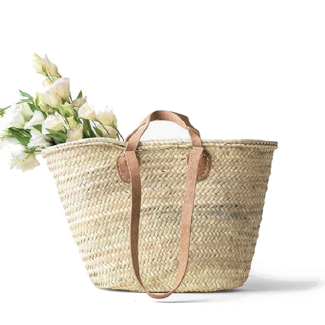 Stylish French Straw Basket with Double Flat Leather Handles - Large Woven Wicker Beach Bag, Shopping Tote & Boho Chic Decor for Picnics, Farmers Market & Home Storage (X-Large)