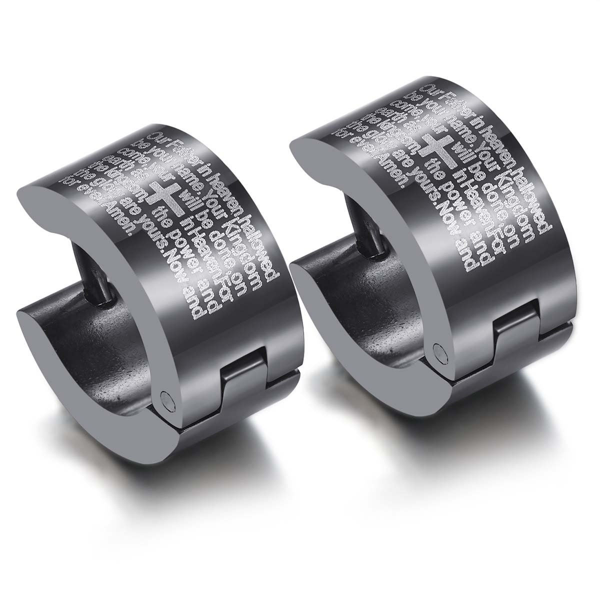U2U Jewelry Pair of Lord's Prayer Stainless Steel Cross Black Huggie Hoop Earrings - Religious Christian Gifts for Women, Durable Hypoallergenic Earrings for Everyday Wear & Church Occasions