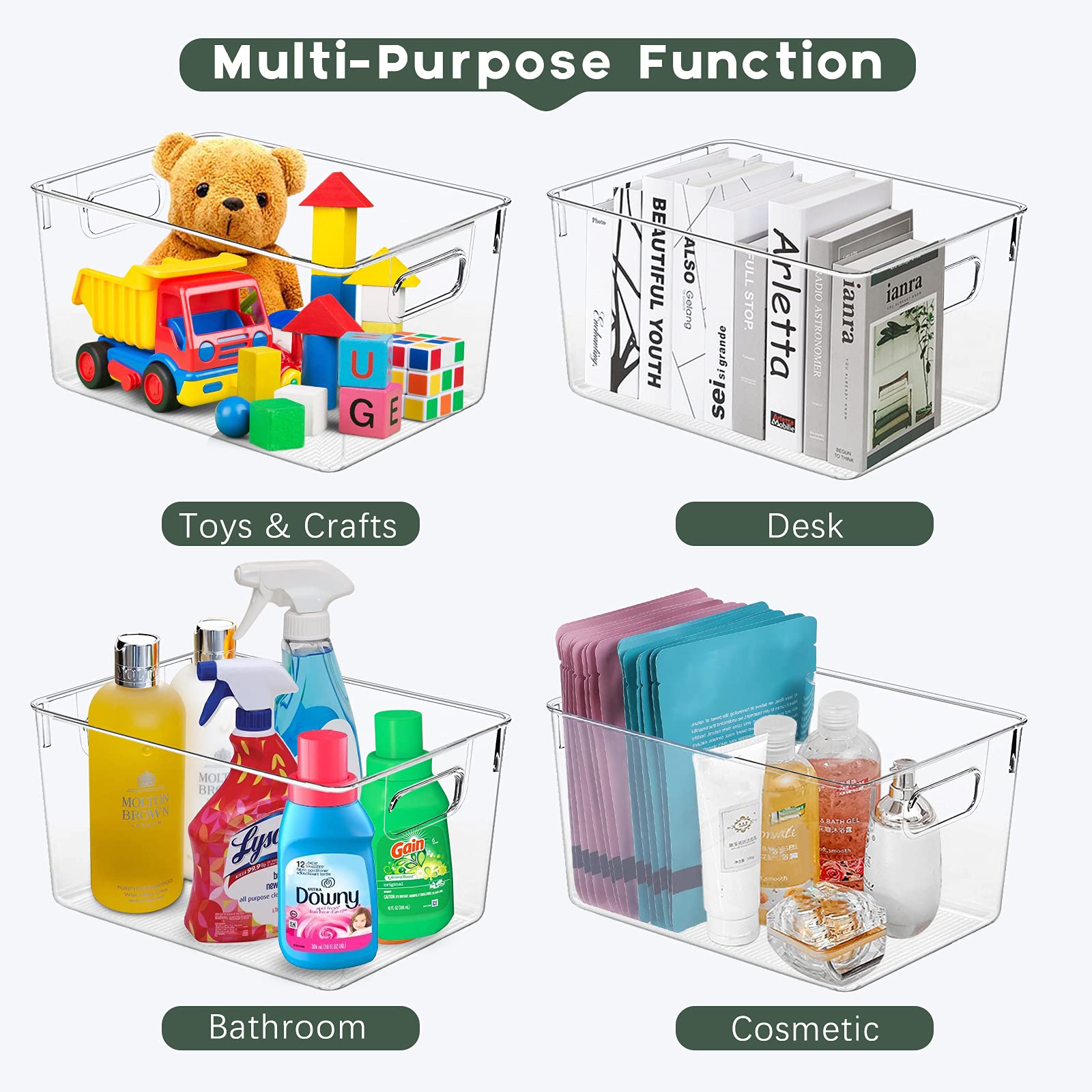 4 Pack Clear Plastic Storage Bins - Kitchen Organizers for Fridge, Pantry & Cabinet | Countertop & Bathroom Storage Containers | Perfect for Food, Spices, Toiletries & Home Organization