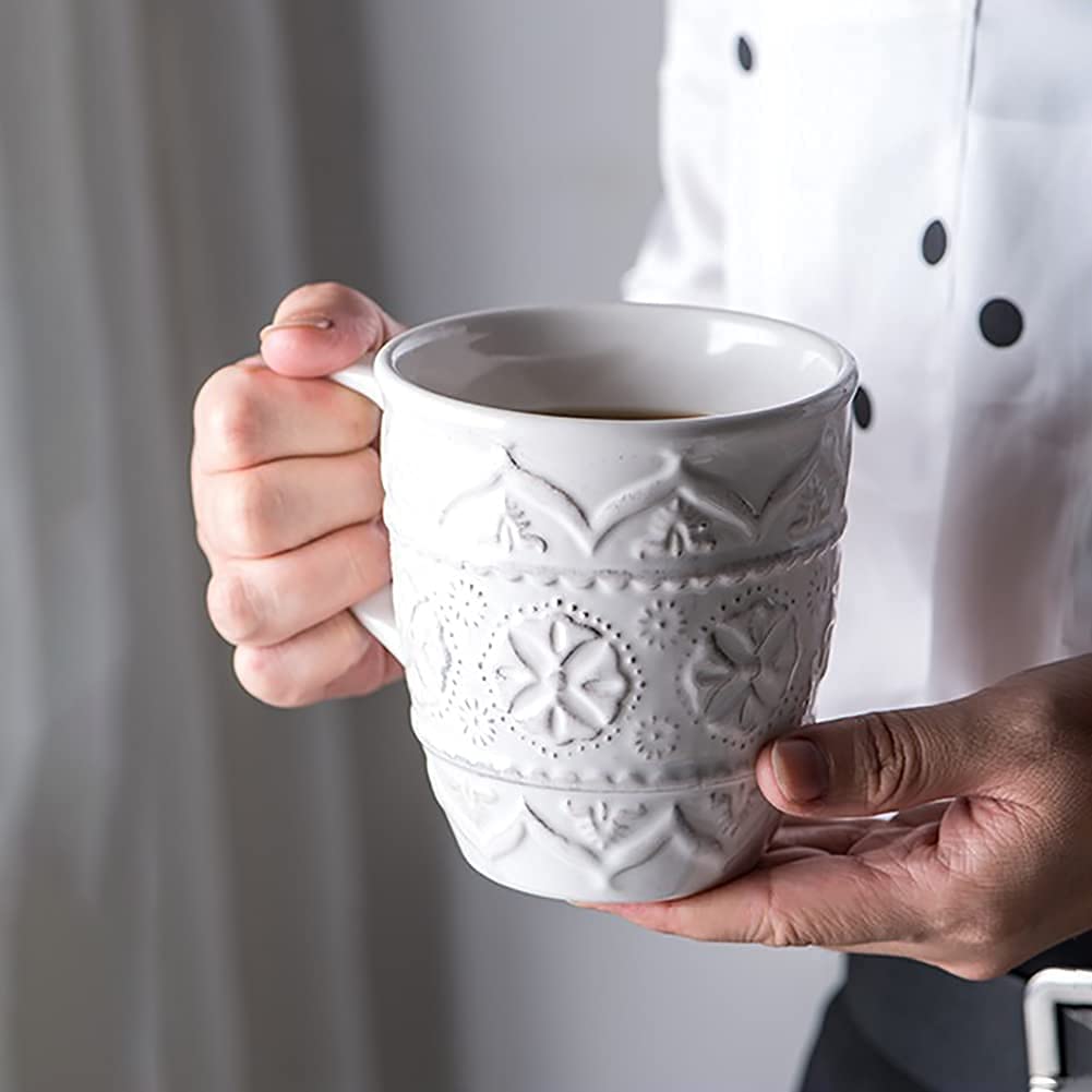 14-Piece White Ceramic Dinnerware Set with Retro Floral Embossing - Plates, Bowls & Mugs for Family Dining | Elegant Underglaze Tableware for 4 People | Perfect for Dinner Parties, Restaurants & Home Decor