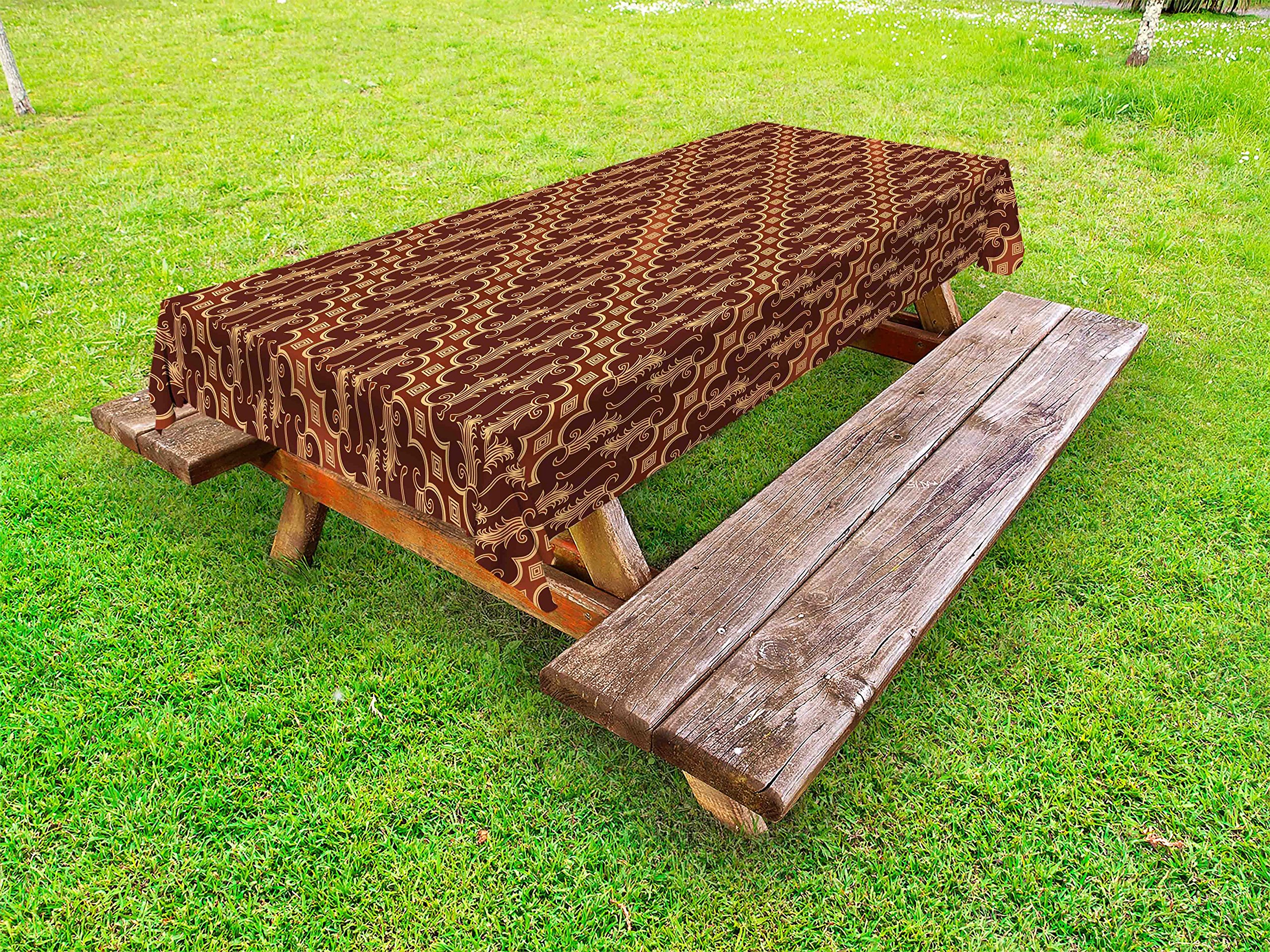 Ambesonne Brown Outdoor Tablecloth - Batik Parang Barong Diagonal Pattern Indonesian Art Design, Washable Picnic Table Cover 58x104 Inches, Brown Apricot Caramel - Perfect for Outdoor Dining, BBQs, Garden Parties & Picnics