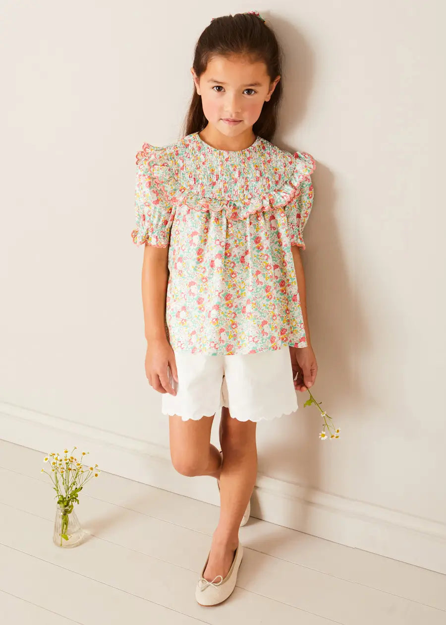Clementine Floral Smock Detail Short Sleeve Blouse for Girls (2-12 Years) in Coral - Perfect for Spring Outfits & Special Occasions
