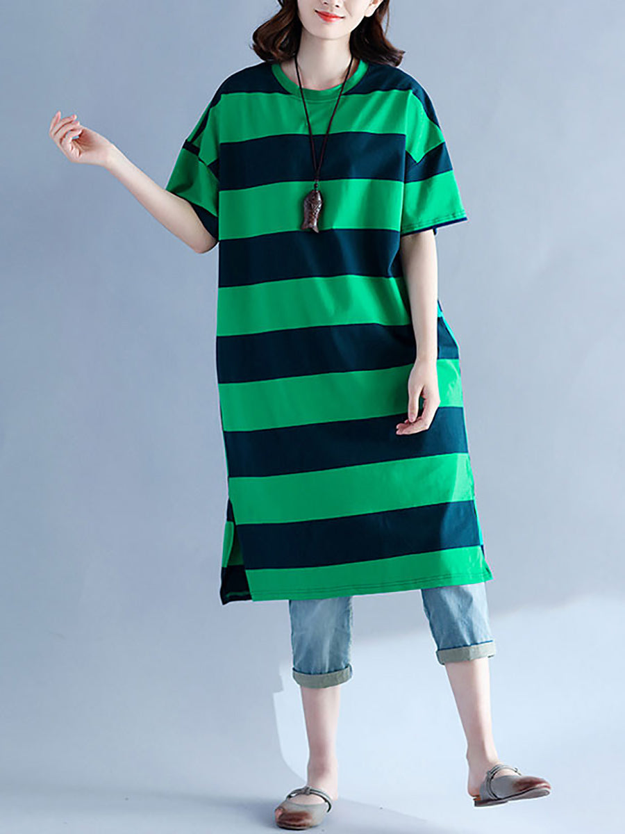 Plus Size Women's Casual Striped O-Neck Short Sleeve Loose Summer Dress - Perfect for Beach Vacation, Weekend Outings and Daily Wear