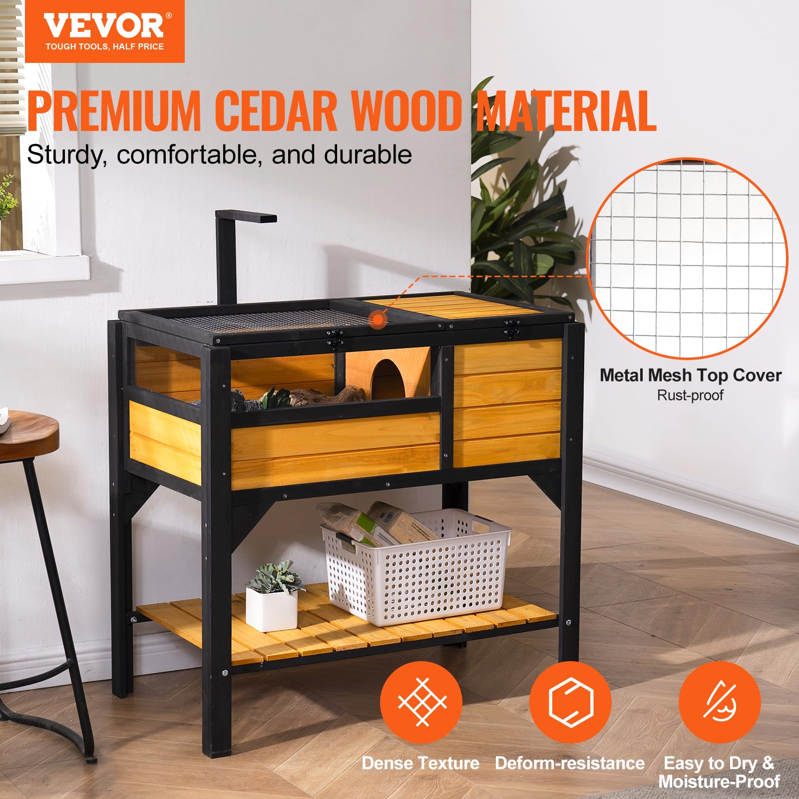 VEVOR Cedar Wooden Tortoise Habitat - Indoor & Outdoor Reptile Enclosure with Light Stand & Legs for Geckos, Lizards, Snakes | Durable Small Animal Cage for Pet Turtles & Tortoises - Perfect for Backyard Gardens, Terrariums & Reptile Shelters