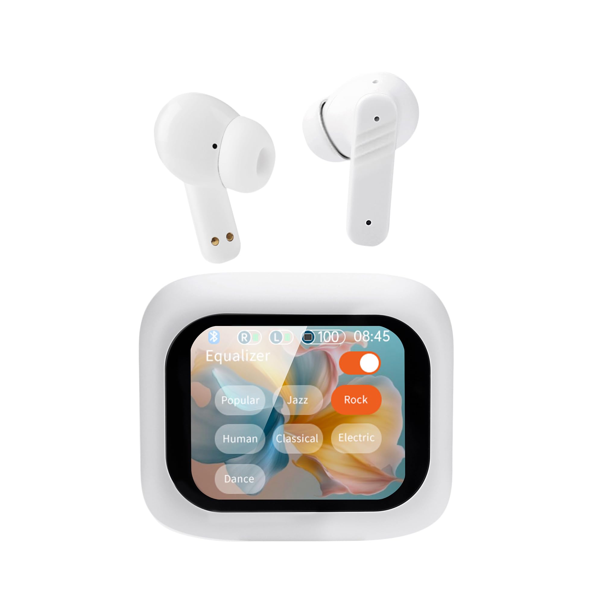Wireless Bluetooth 5.4 Earbuds with Touch Screen & Noise Cancelling - Digital Display Sports Earphones, IPX7 Waterproof, Hi-Fi Stereo Sound - Perfect for Running, Gym Workouts & Travel (White)