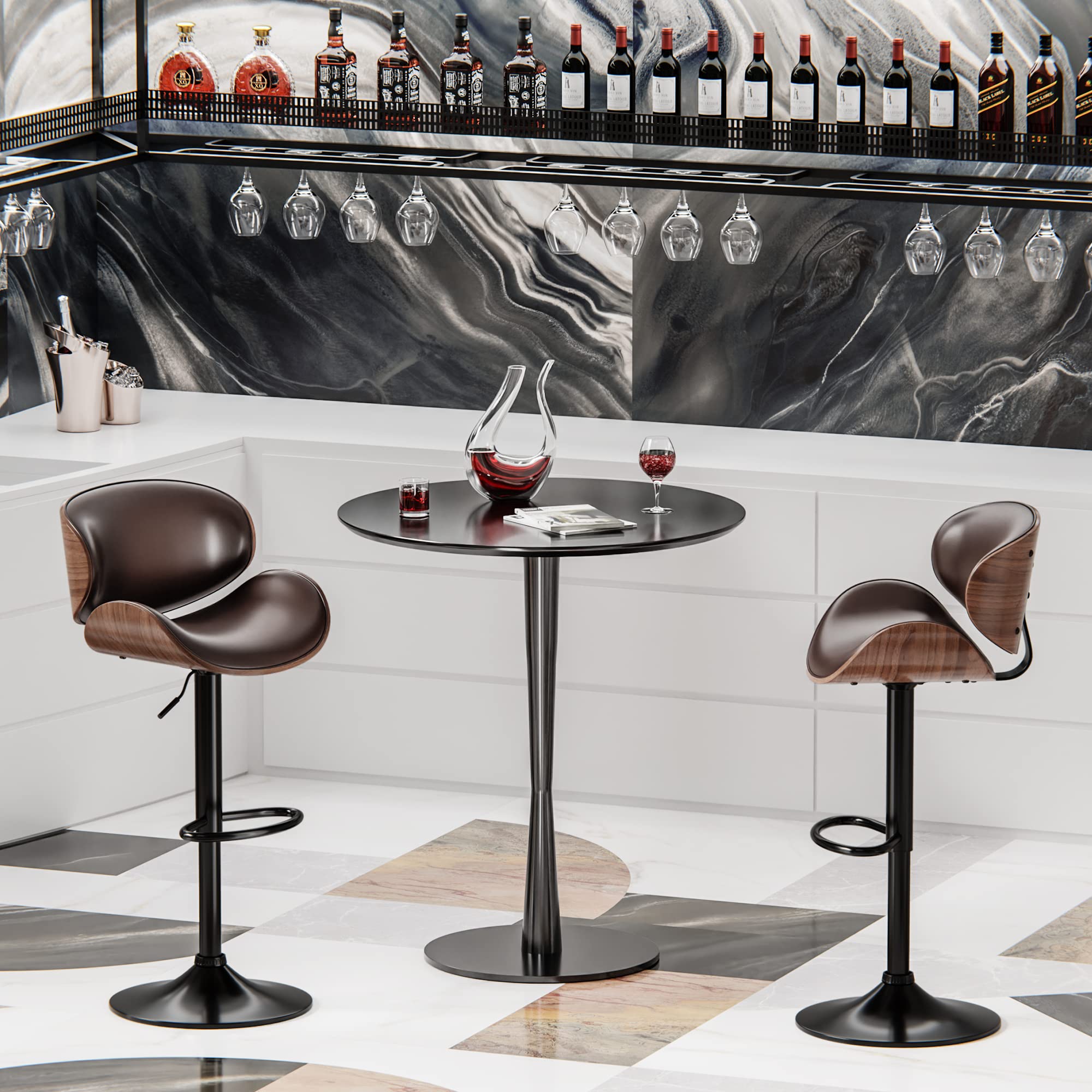 ONME Bar Stools Set of 2 - Adjustable Height Swivel Bar Stools with PU Leather Upholstery, Back Support & Footrest - Modern Bentwood Counter Stools for Kitchen Island, Home Bar & Dining Room - Perfect for Entertaining & Casual Dining (Brown)