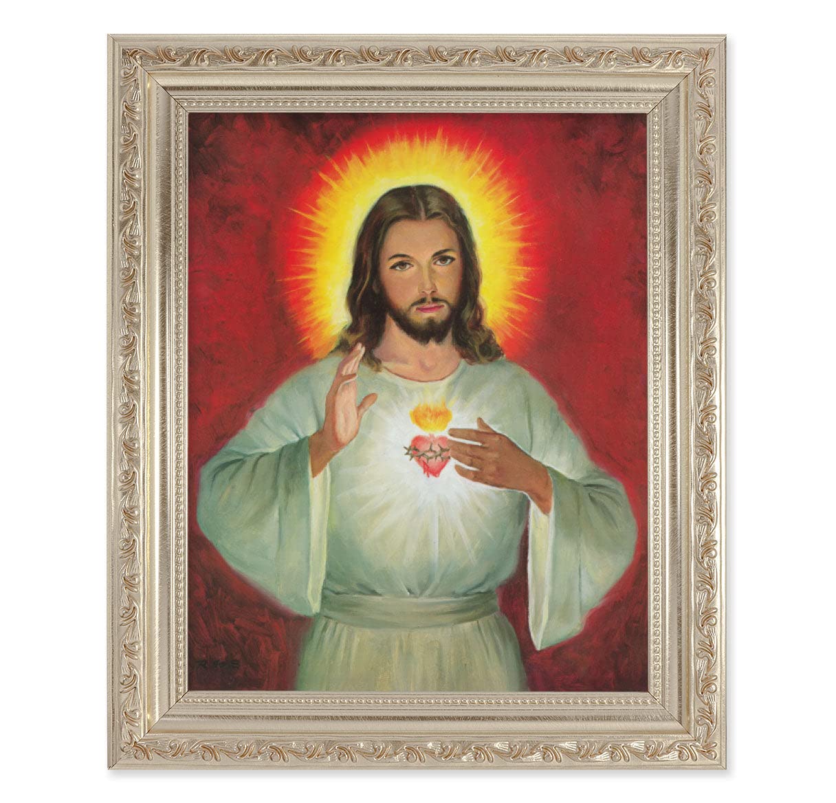 Antique Silver Sacred Heart of Jesus Framed Wall Art - Large Religious Home Decor with Carved Scrollwork - Perfect for Church, Chapel, or Catholic Home Devotion