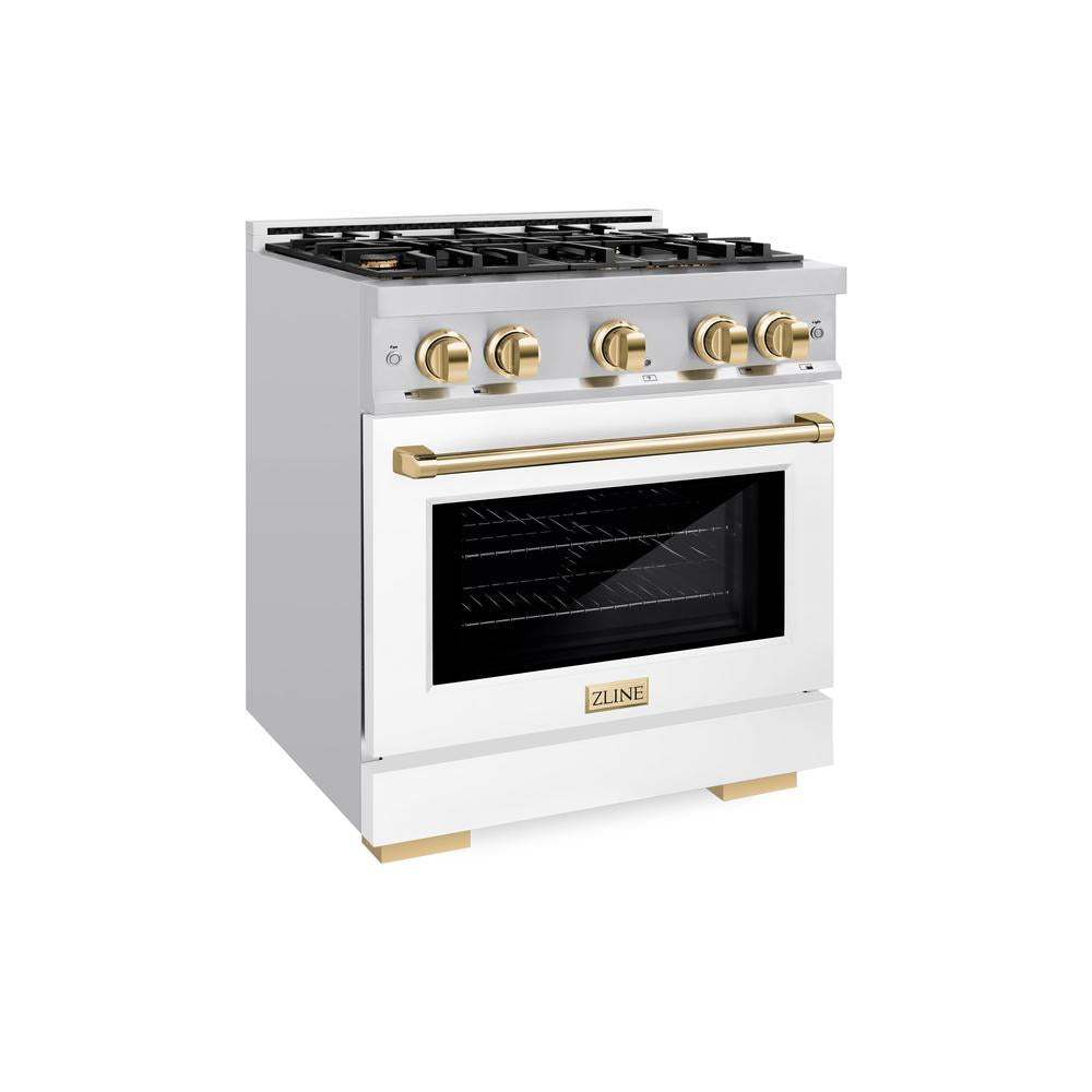 ZLINE Autograph Edition 30-inch 4.2 cu ft Gas Range with 4 Burner Cooktop & Convection Oven - Stainless Steel with White Matte Door & Polished Gold Accents - Perfect for Modern Kitchens & Professional Cooking (HGRZ WM 30 G)