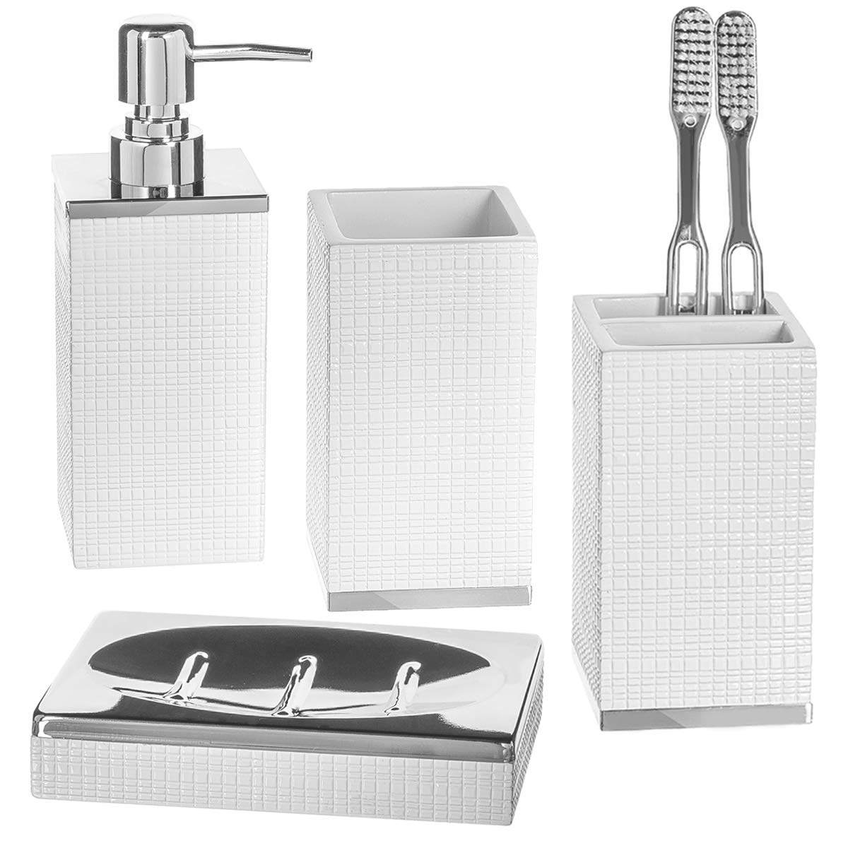 Creative Scents Estella White 4-Piece Bathroom Accessory Set with Silver Base - Includes Soap Dispenser, Toothbrush Holder, Soap Dish & Tumbler - Modern Bathroom Decor for Home, Apartment or Guest Bath