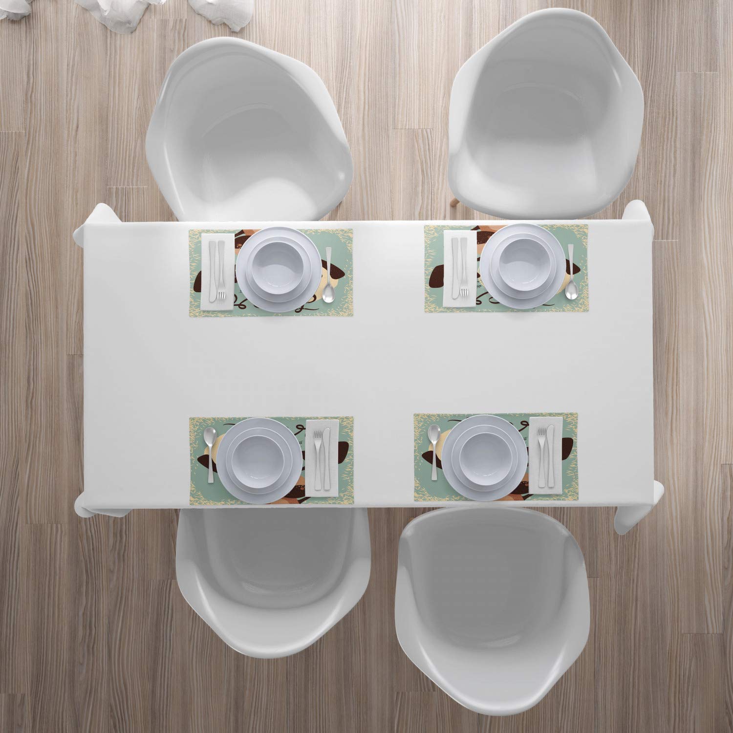 Ambesonne 4-Piece Deer Hunting Placemats Set - Cute Cartoon Reindeer & Singing Bird Design - Washable Fabric Table Mats for Dining Room & Kitchen Decor in Pale Seafoam Brown & Rust - Perfect for Holiday Dinners, Thanksgiving Decor & Rustic Home Styling