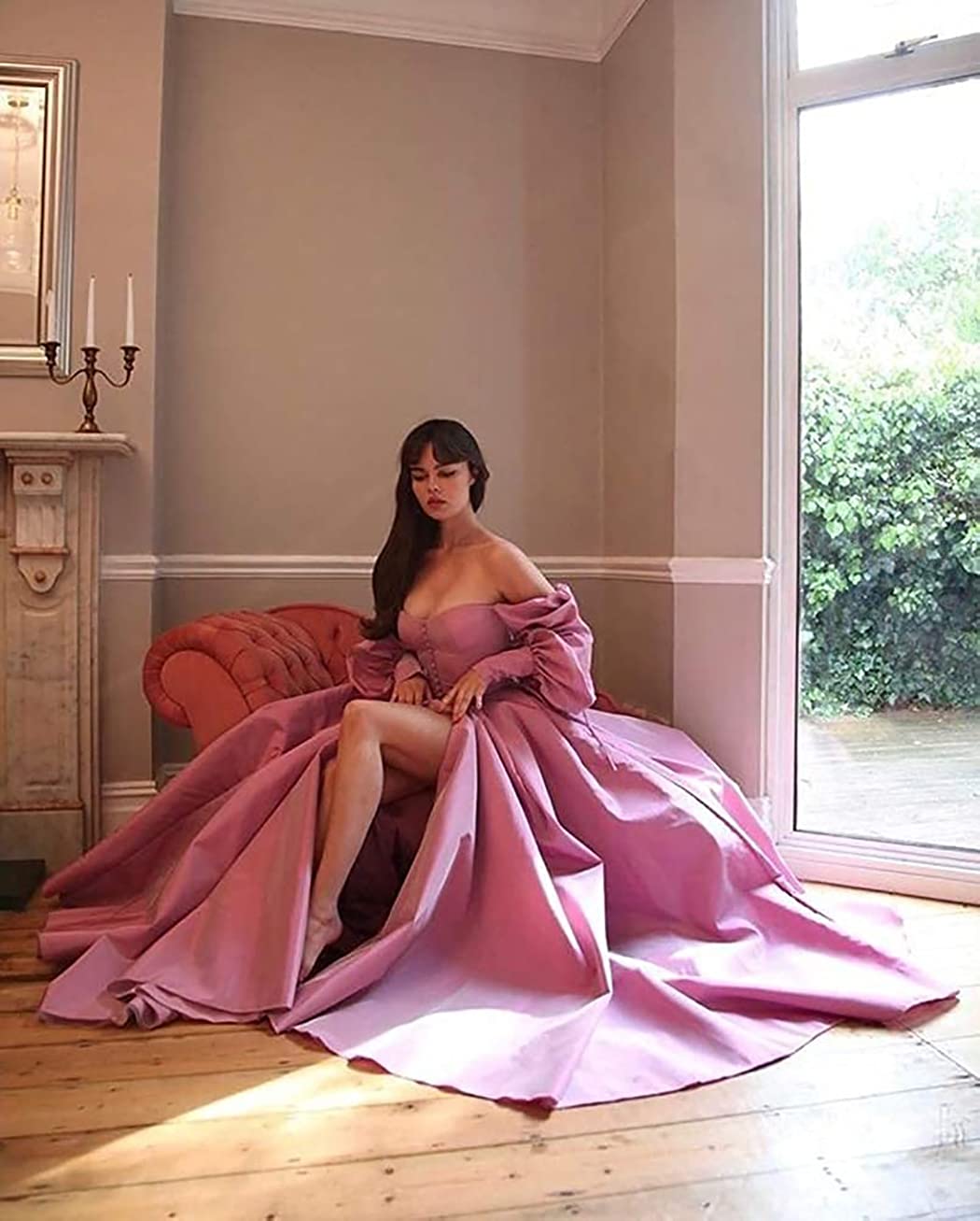 Elegant Puffy Sleeve A-Line Ball Gown with Buttons & Split - Sweetheart Neckline Long Evening Dress in Wisteria Purple | Perfect for Prom, Wedding Guest & Formal Events