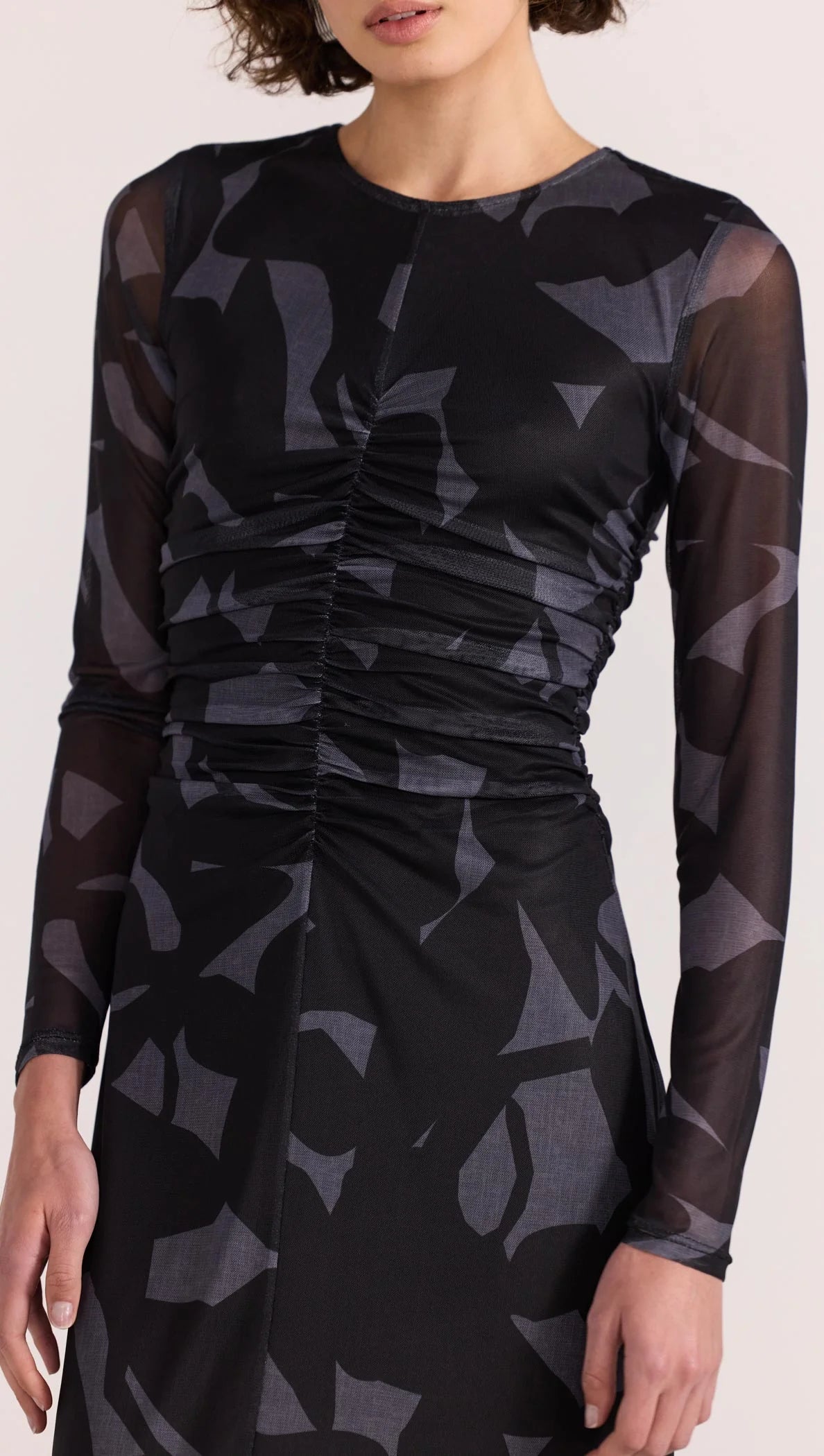 Aura Black Abstract Mesh Long Sleeve Midi Dress - Elegant Evening Wear for Parties & Special Occasions