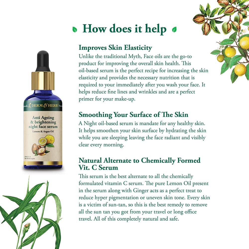 Derm & Herb Anti-Aging Vitamin C Serum for Glowing Skin - Wrinkle Reduction & Skin Tightening Face Serum | Lightweight Oil-Free Formula | 30ml | Night Use for Men & Women | Perfect for Dry, Dull Skin & Evening Skincare Routine