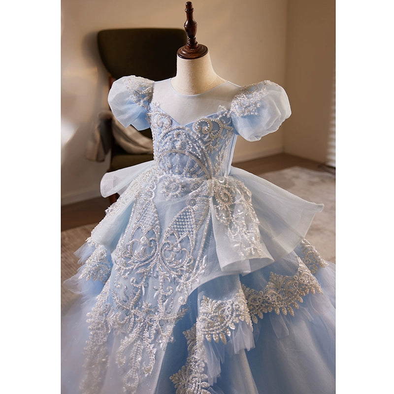 Royal Blue Organza Flower Girl Dress with Princess Round Neckline - Perfect for Weddings, Pageants & Special Occasions