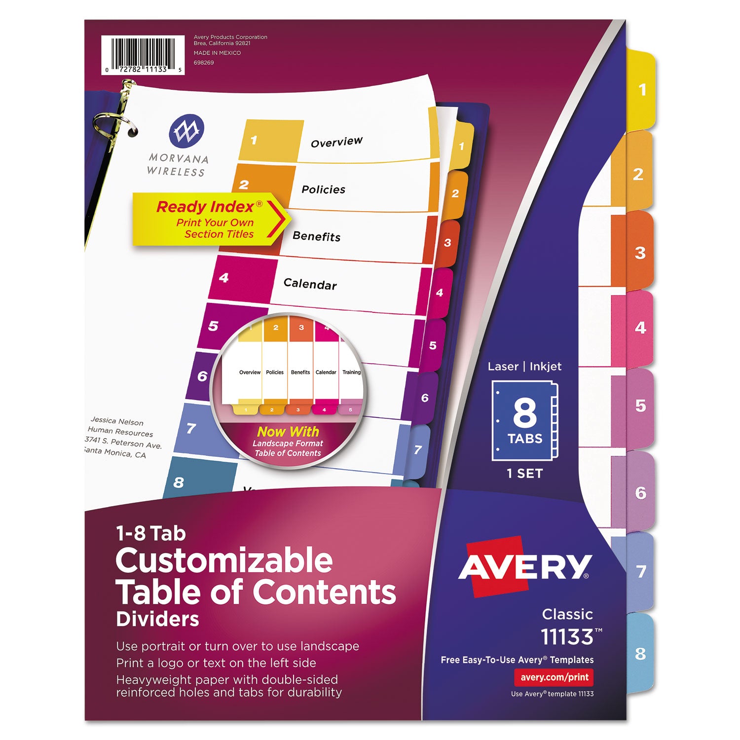 Avery Customizable TOC Ready Index Multicolor Tab Dividers - 8 Tabs (1-8), 11