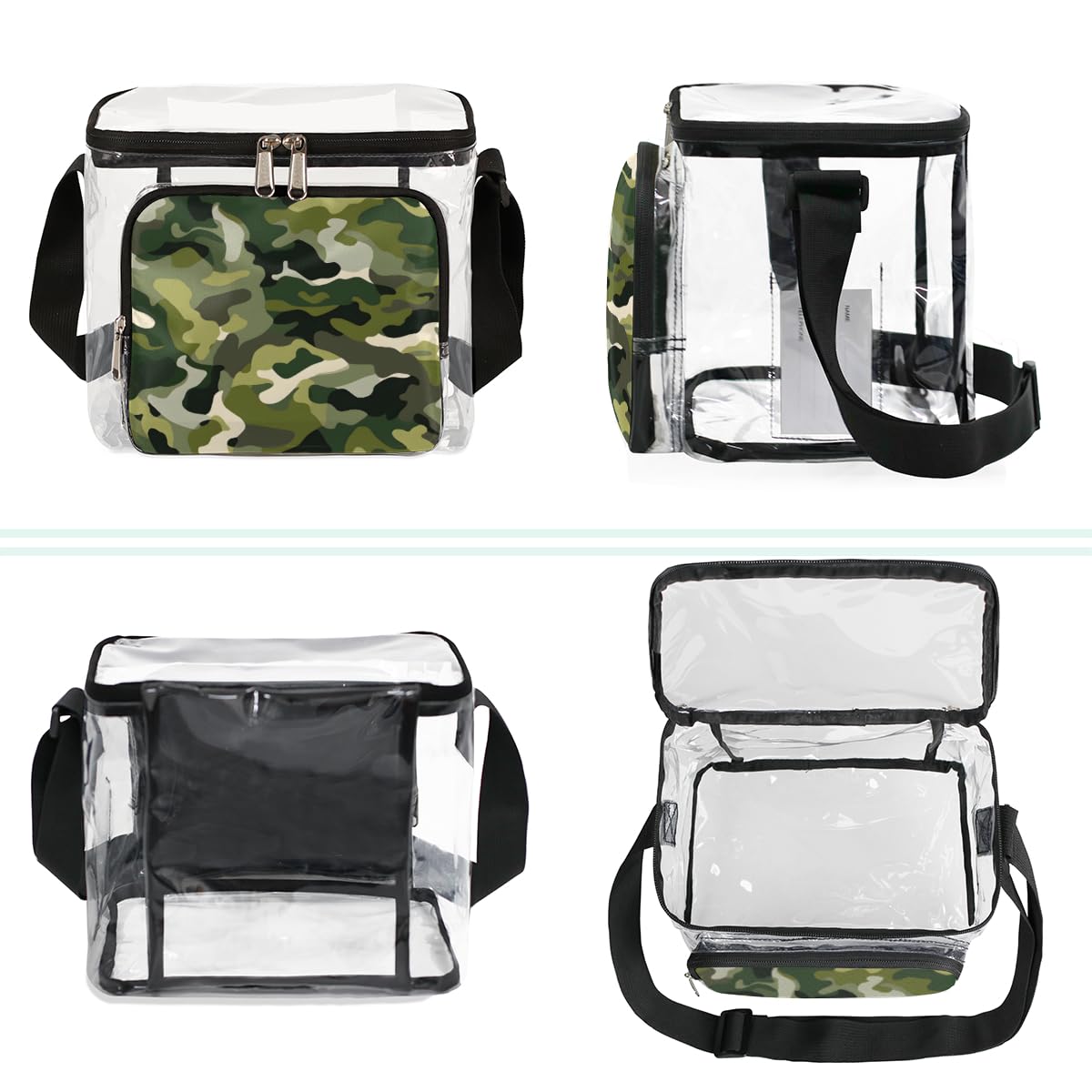 GzLeyigou Military Camouflage Clear Tote Bag with Handles - Fashion Camo Green Transparent Crossbody Shoulder Bag for Lunch, Outdoor, Travel, Picnic, Concerts & Sports Events | Stadium Approved Multipurpose Carry-On | Perfect for School, Beach, Shopping and Festival Use