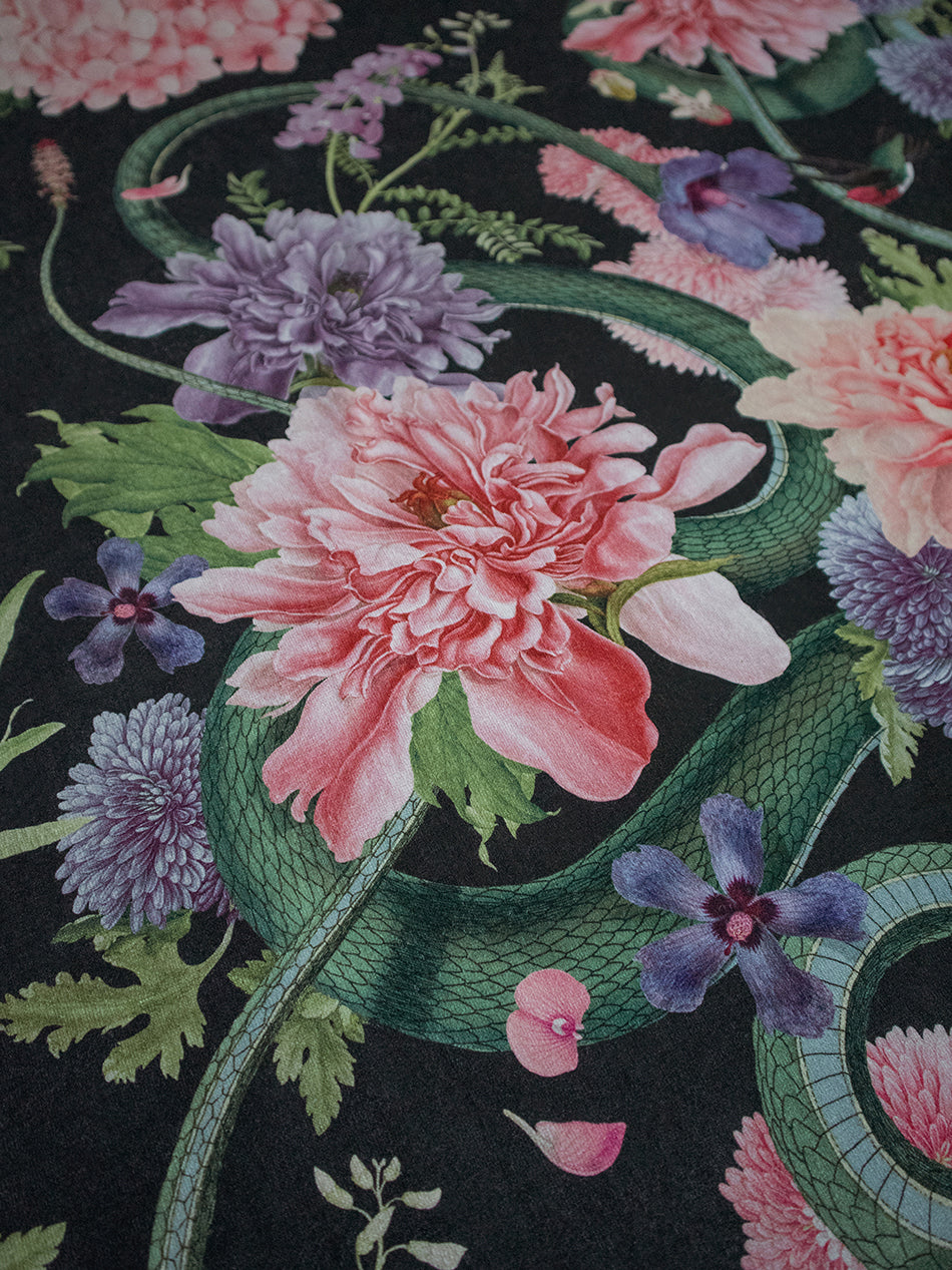 Forbidden Bloom 'Black' Recycled Velvet Fabric Sample - Eco-Friendly Textile for DIY Upholstery, Fashion Design & Home Decor Projects