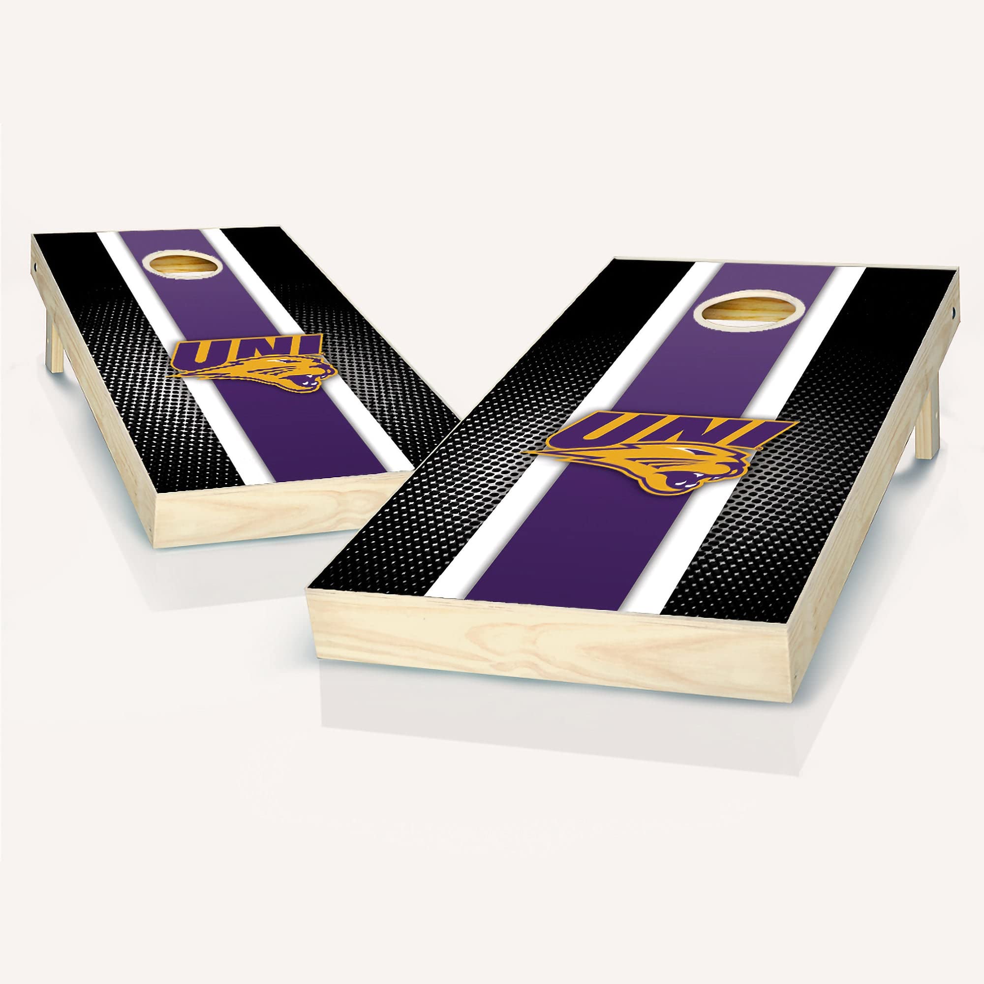 Premium Northern Iowa Striped Cornhole Game Set - 2 Wooden Boards & 8 Bean Bags for Outdoor Lawn Games, Tailgating, Backyard Parties and BBQ Events