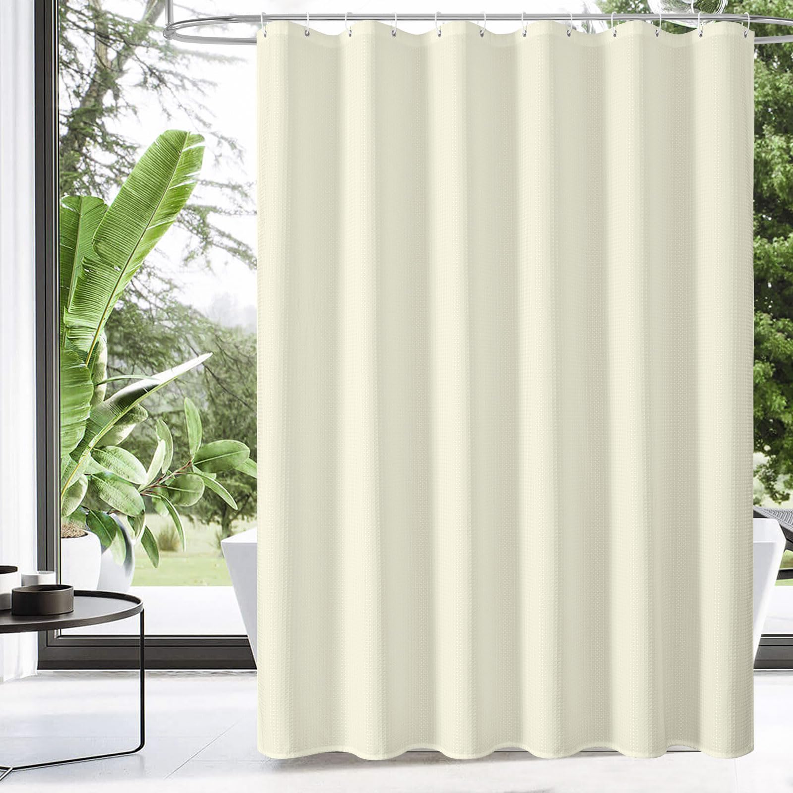 Extra Long Shower Curtain 72x84 Inches - Beige Waffle Weave Fabric Bathroom Curtain with Weighted Hem for Farmhouse Decor | Waterproof Luxury Shower Liner for Bathtub, Master Bath & Guest Bathroom