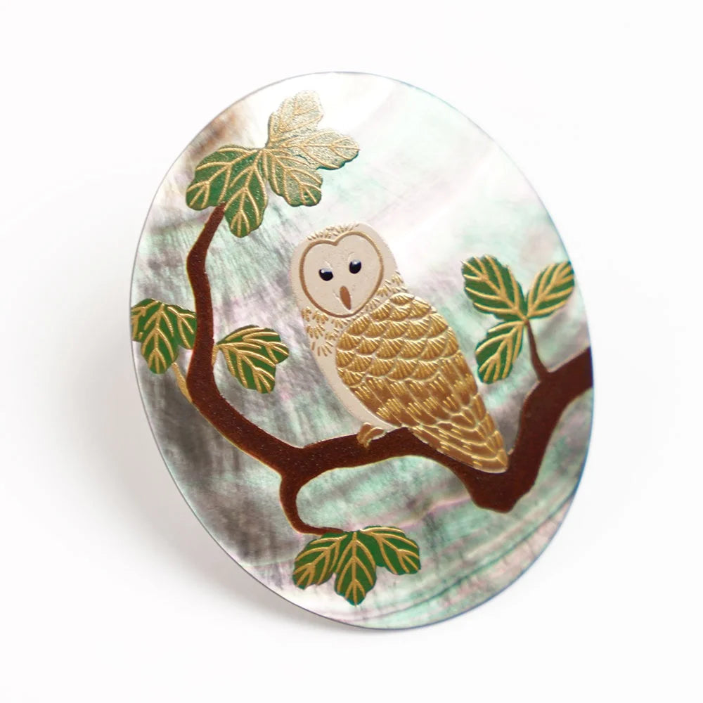 Exquisite Maki-e Urushi Lacquer Brooch with Black Lip Oyster Pearl Shell & Barn Owl Design - Traditional Japanese Lacquer Jewelry for Women - Perfect for Formal Occasions, Weddings & Cultural Events
