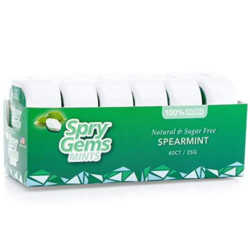 Spry Gems Natural Spearmint Xylitol Mints - Sugar Free, Fresh Breath, 40 Count (6 Pack) - Perfect for Travel, Office & After Meals