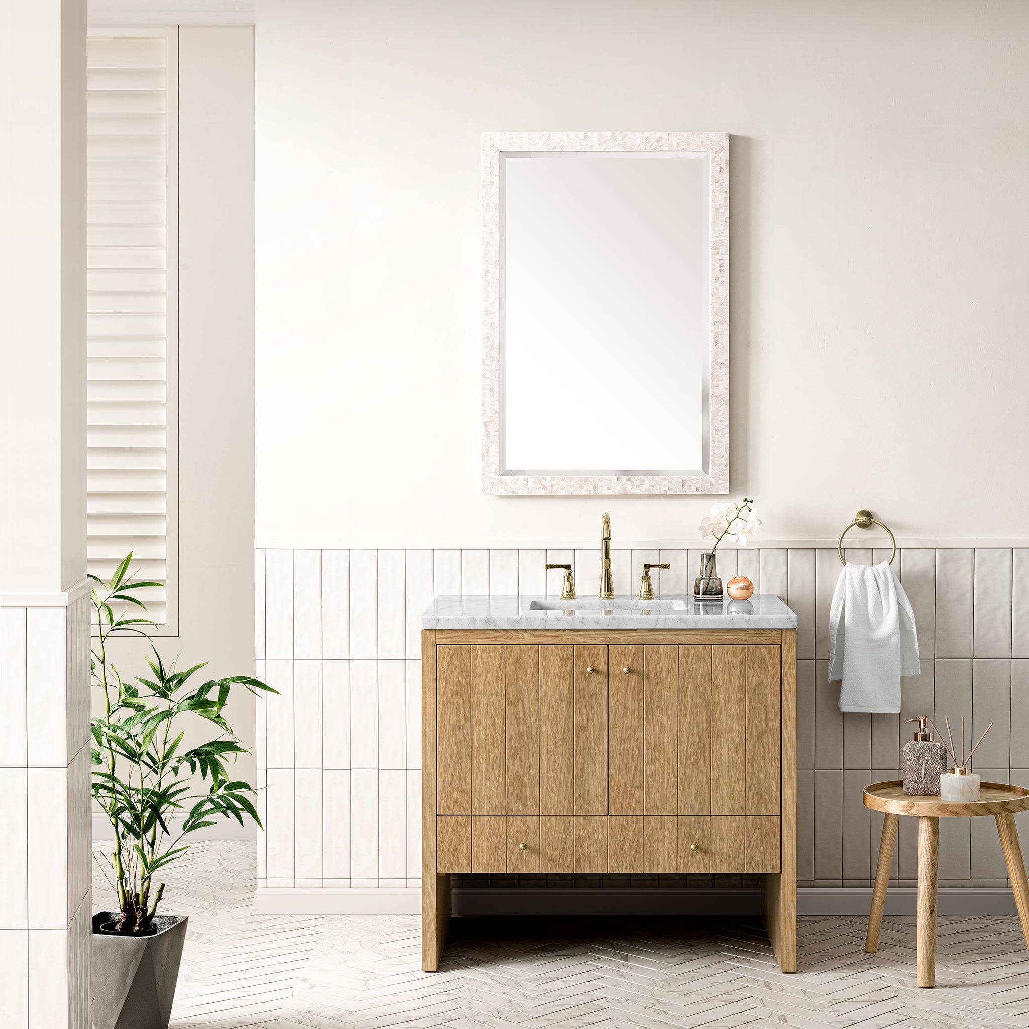 Hudson 36 Inch Single Bathroom Vanity with 3CM Carrara Marble Top in Light Natural Oak - Perfect for Modern Master Bathrooms and Powder Rooms
