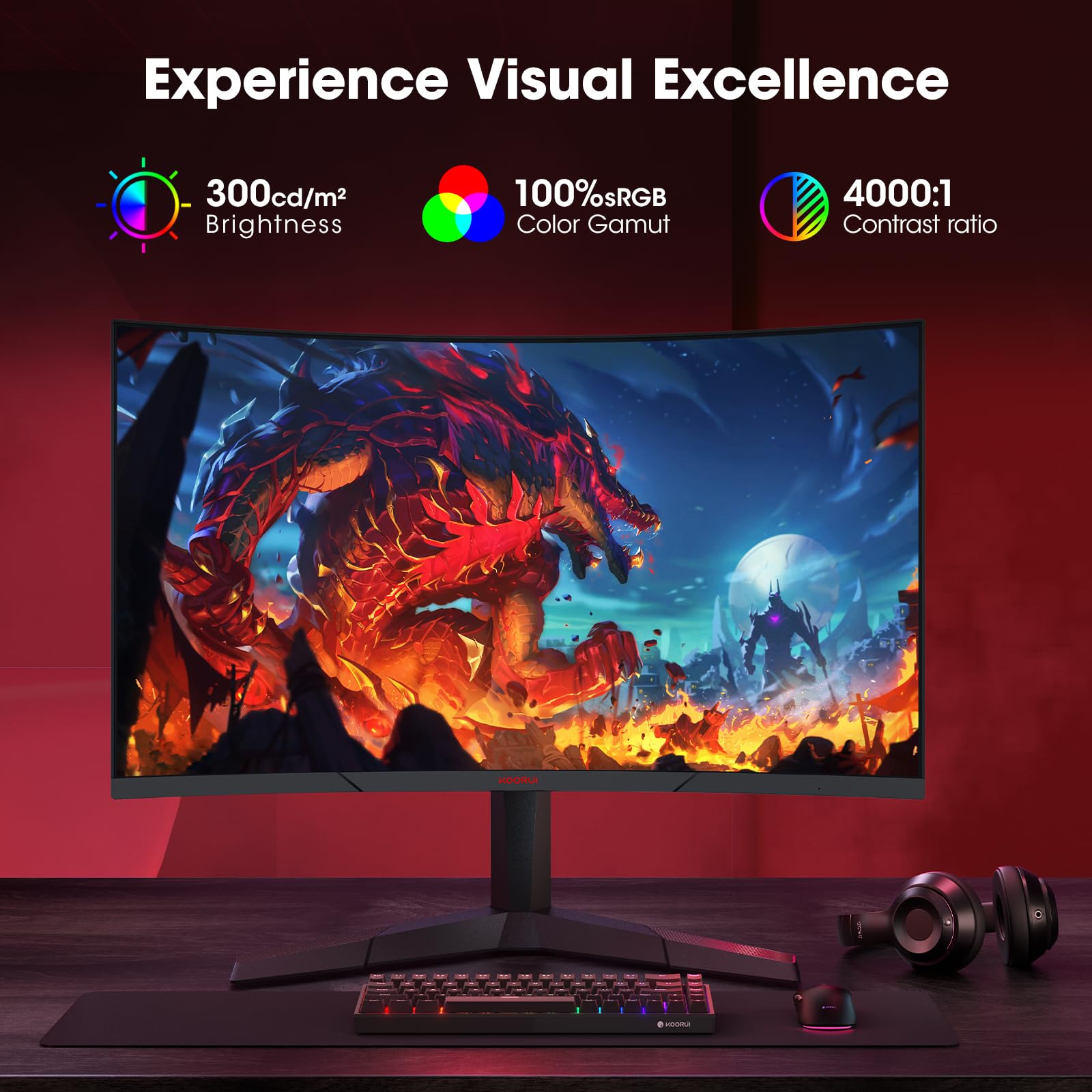 KOORUI 27 Inch Curved Gaming Monitor - QHD 2560x1440, 180Hz Refresh Rate, 1ms Response Time, AMD FreeSync, HDR10, VESA Mount, DisplayPort & HDMI Ports - Perfect for Esports, PC Gaming, and Home Office Setup