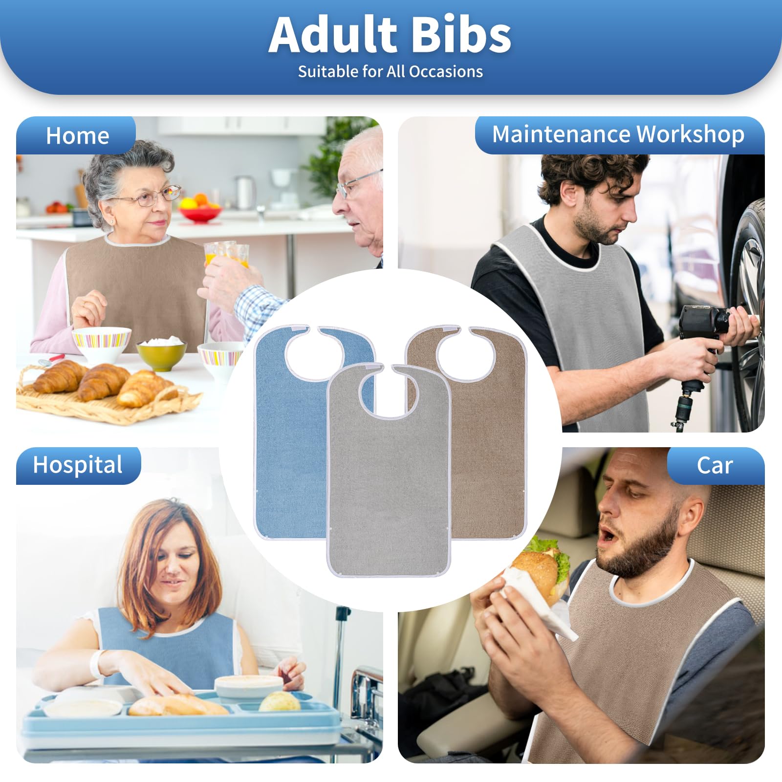 Waterproof Reusable Adult Bibs for Men, Women & Elderly - 3 Pack Adjustable Washable Clothing Protector with Crumb Catcher (Blue, Grey, Brown) - Ideal for Dining, Nursing Homes & Disability Care