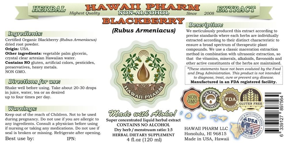Organic BlackBerry Alcohol-Free Liquid Extract (Rubus Armeniacus) Root Glycerite - 32 oz Unfiltered Herbal Supplement by Hawaii Pharm - Perfect for Smoothies, Teas & Natural Remedies