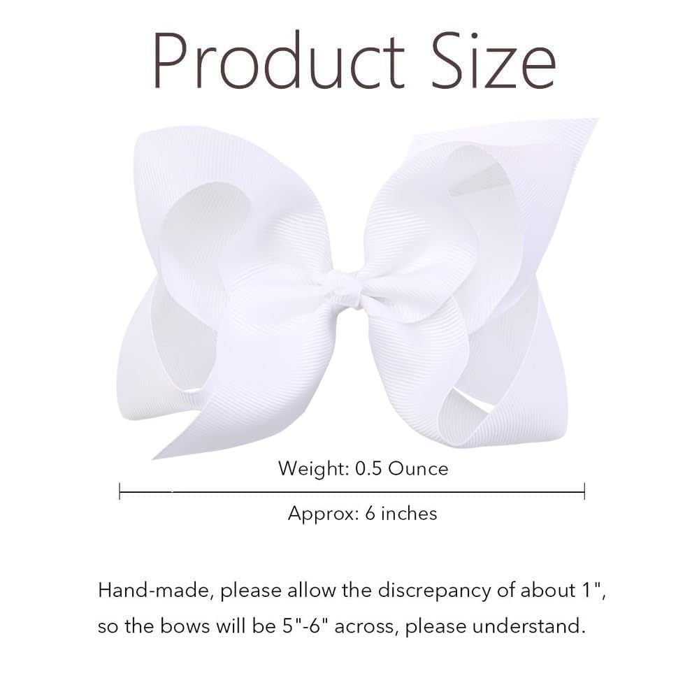 Oaoleer 12-Pack Large Hair Bows for Girls - 6 Inch White Grosgrain Ribbon Boutique Hair Clips with Alligator Clips - Perfect Hair Accessories for Toddlers, Little Girls & Kids (Great for Parties, School, Photos & Special Occasions)