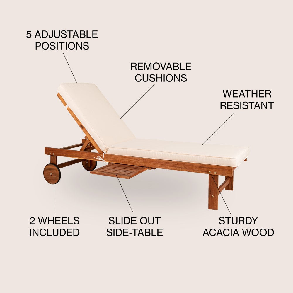 Premium Acacia Wood Outdoor Lounge Chair with 5-Position Adjustable Back, Cushion, Slide Table & Wheels – Perfect for Patio, Poolside, Garden & Backyard Relaxation