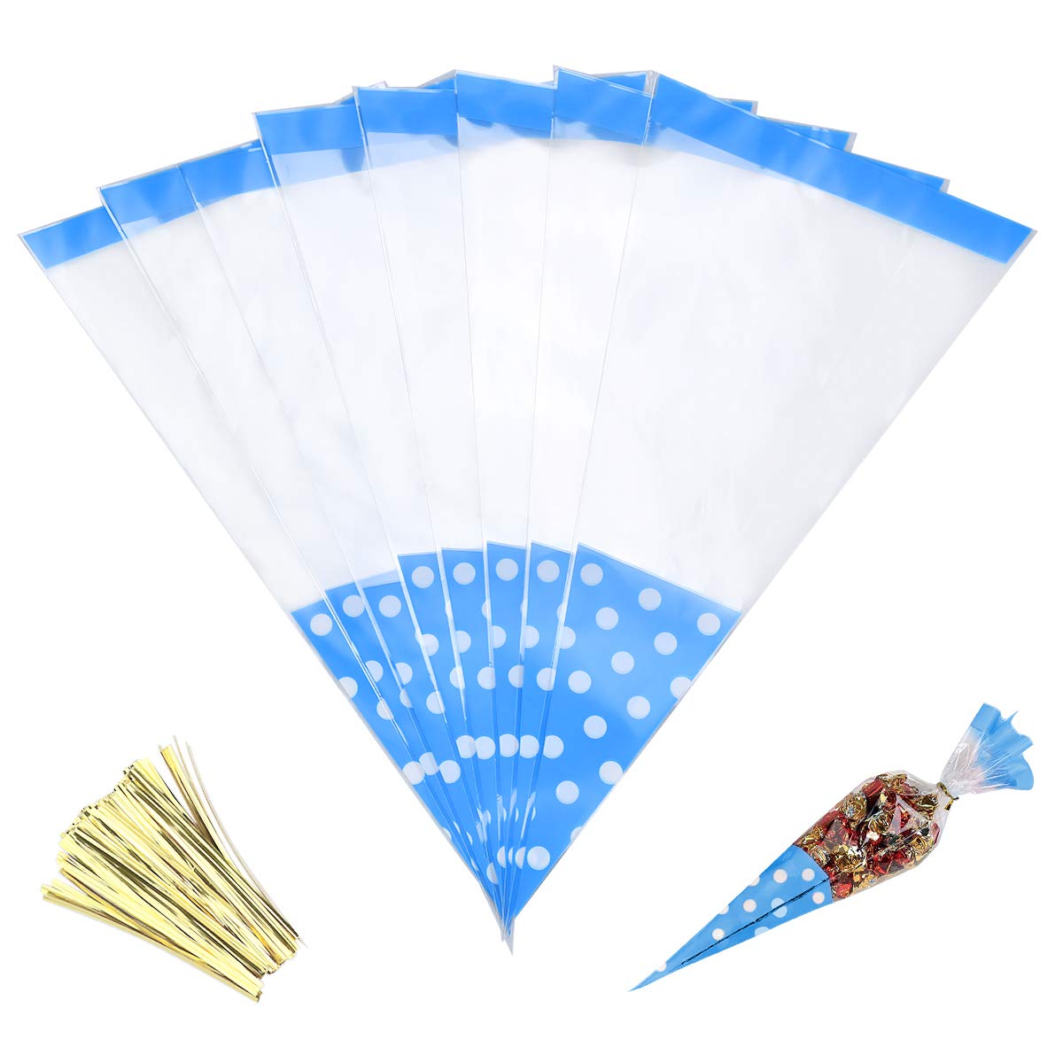 100 PCS 7x15 Inch Clear Cellophane Triangle Treat Bags with Twist Ties - Perfect for Candies, Handmade Cookies, Party Favors & Wedding Treats - Blue Cone Candy Bags for Gift Packaging & Bulk Candy Storage