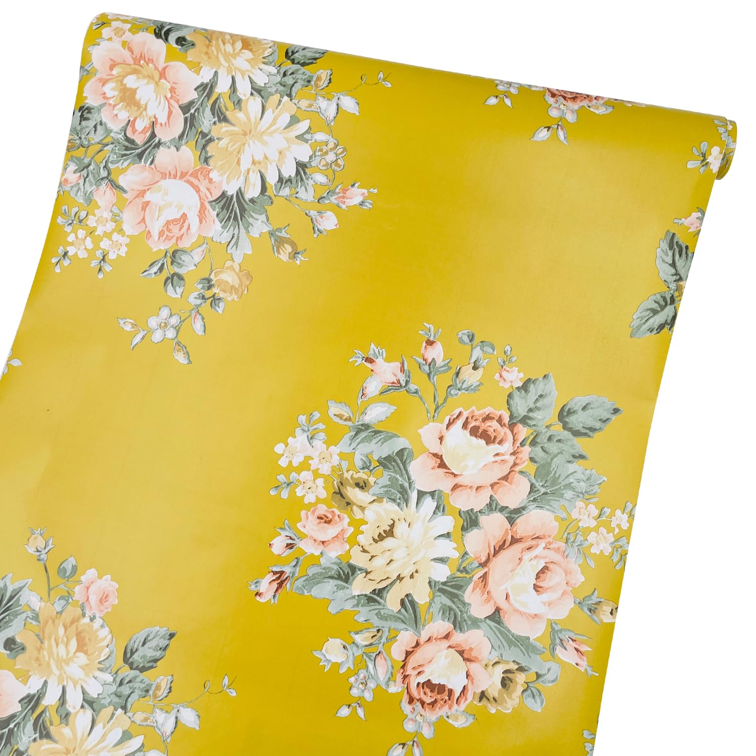 Vintage Peony Floral Self-Adhesive Shelf Liner - Dark Yellow Peel & Stick Drawer Liner - 17.7