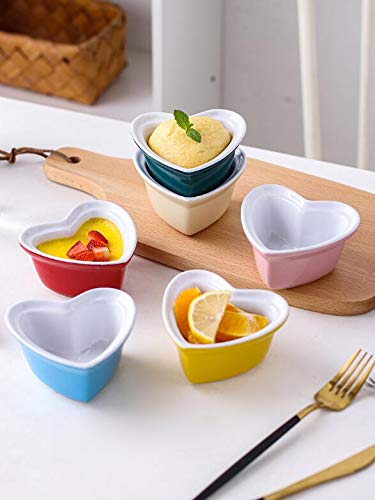 Heart-Shaped Porcelain Ramekin Bowls - Set of 4 Souffle & Crème Brûlée Dishes for Baking (Red/Green/Blue/Pink/Yellow) | Perfect for Desserts, Appetizers & Romantic Dinners