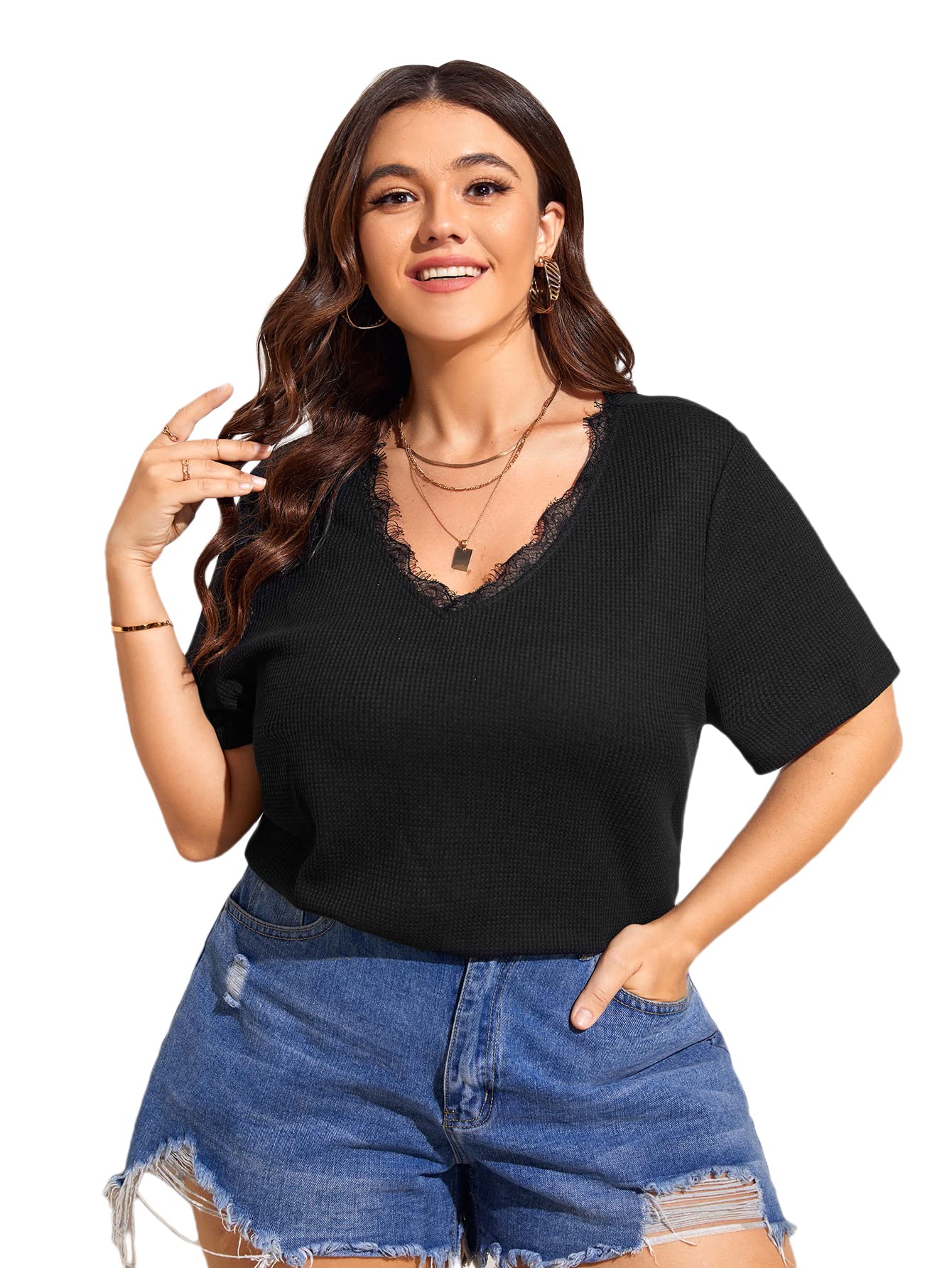 SOLY HUX Women's Plus Size Lace Trim V Neck Short Sleeve Waffle Knit T-Shirt - Casual Summer Tops for Work, Date Night & Weekend Outfits