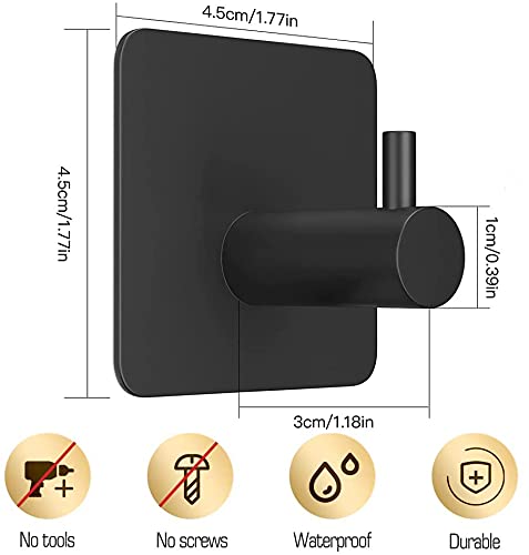 6 Pack Black Self Adhesive Wall Hooks - No Drill Stainless Steel Hangers for Robe, Towel & Coat - Strong Adhesive Bathroom, Bedroom, Office & Kitchen Organizers (Perfect for Small Spaces & Rental Homes)