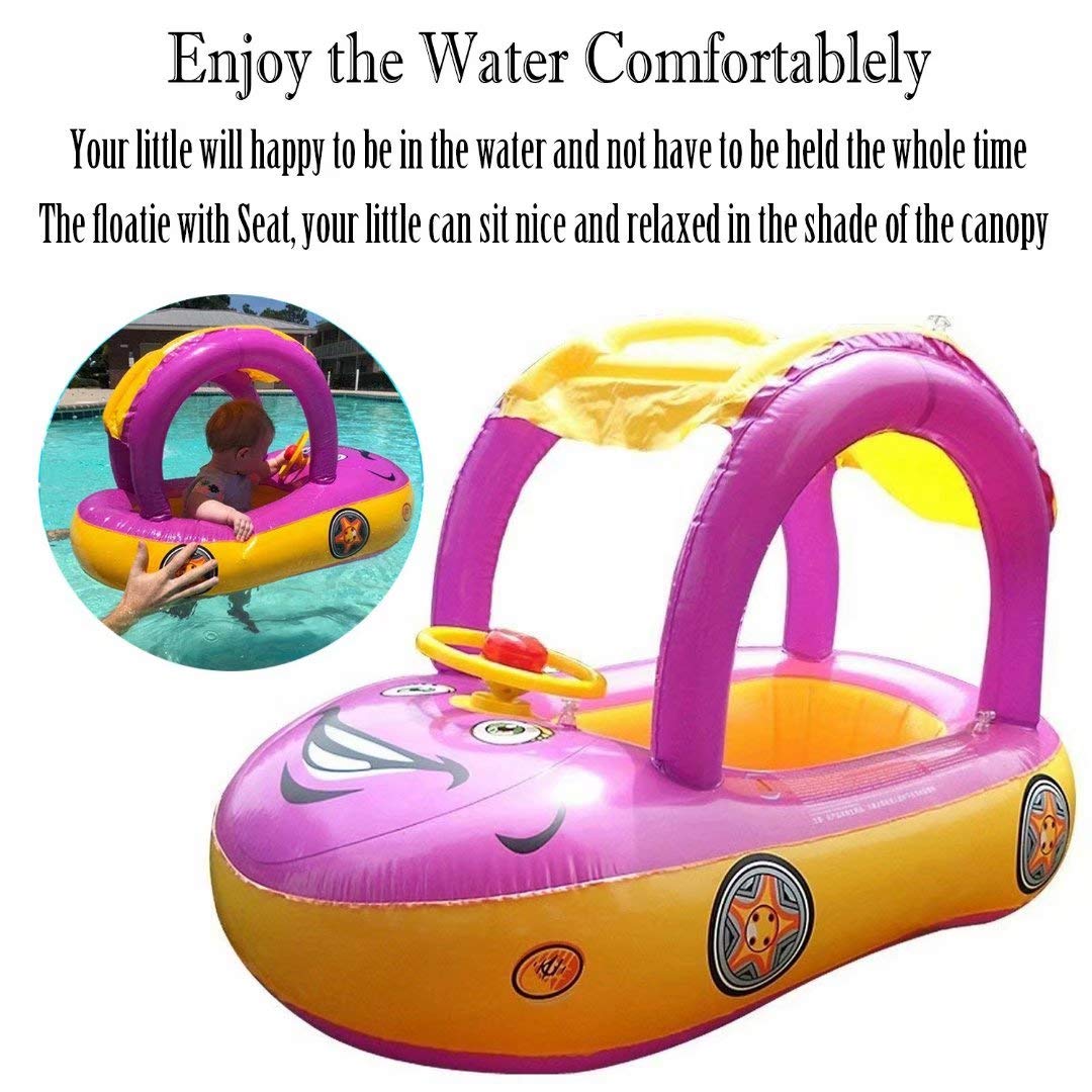 Inflatable Baby Pool Float with Canopy & Steering Wheel - Sunshade Swim Ring Car Toy for Toddlers 1-3 Years | Summer Water Play, Beach Vacation, Backyard Swimming Fun