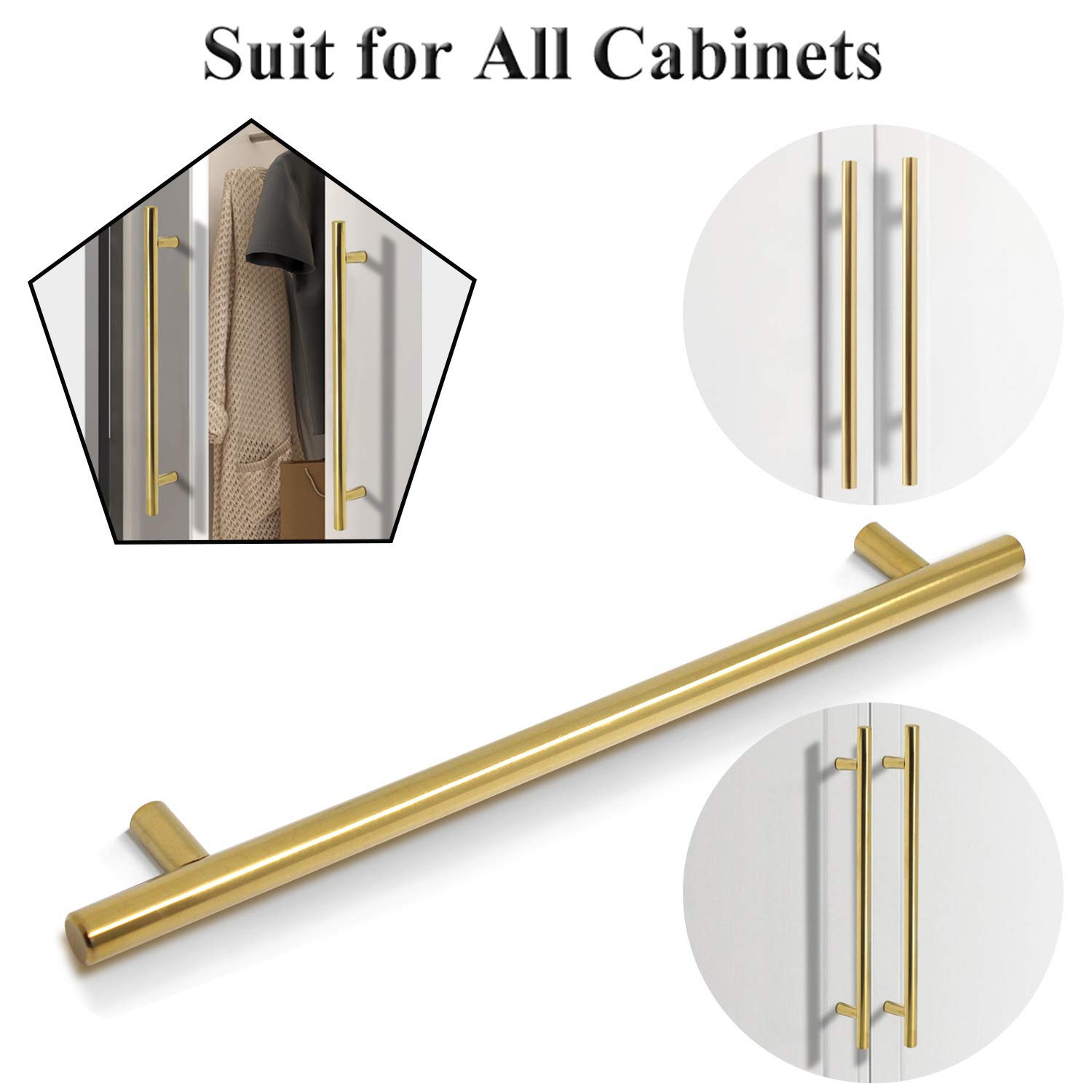 Probrico 10 Pack Gold Modern Round T Bar Cabinet Pulls - 8-4/5 Inch Hole Centers, Stainless Steel Drawer Handles for Kitchen Cabinets, Dressers & Bathroom Vanities