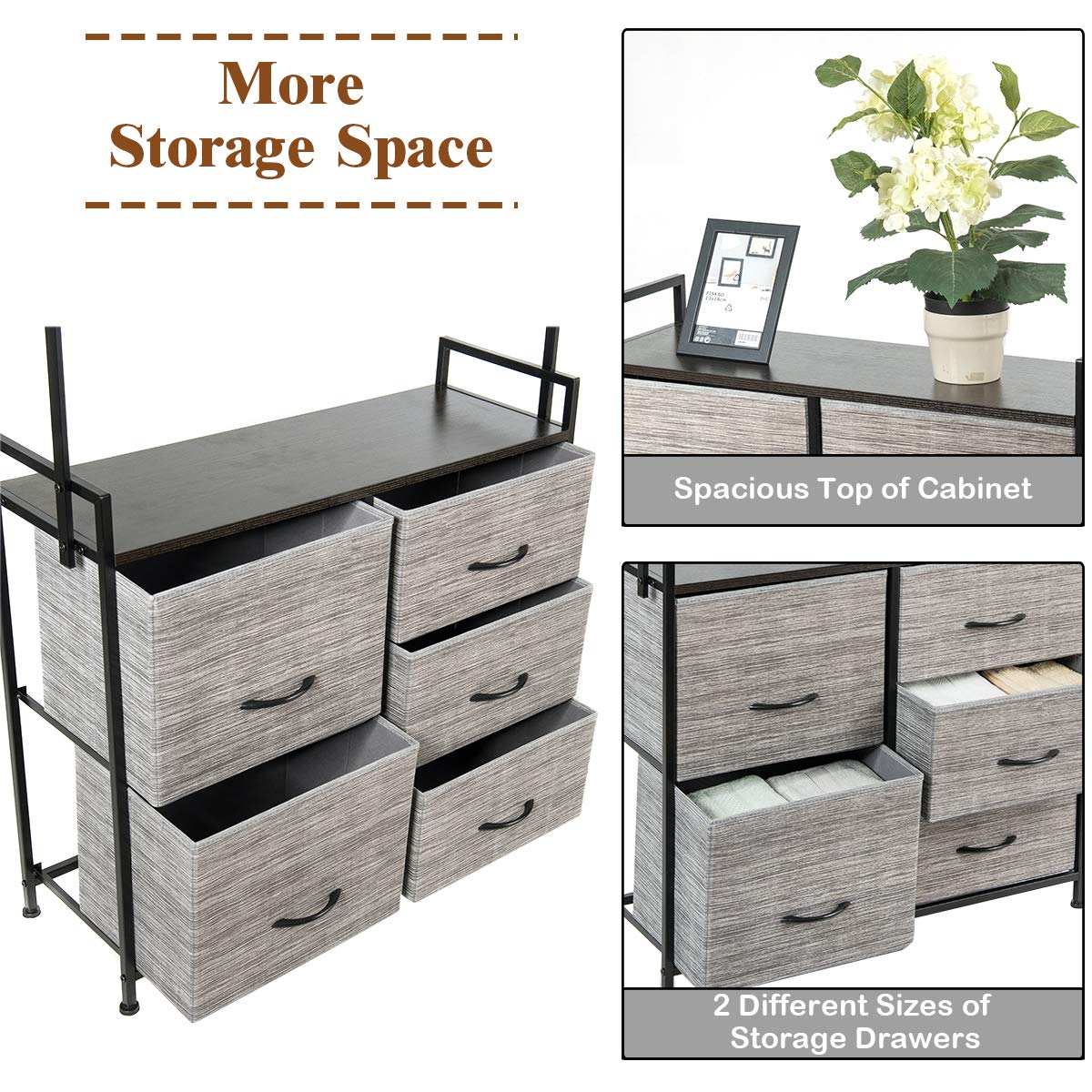 Tangkula 5-Drawer Fabric Dresser with Clothes Rack - Sturdy Metal Frame & Wooden Top Storage Organizer for Bedroom, Closet, Hallway - Perfect for Clothes, Toys, and Home Organization (Gray)