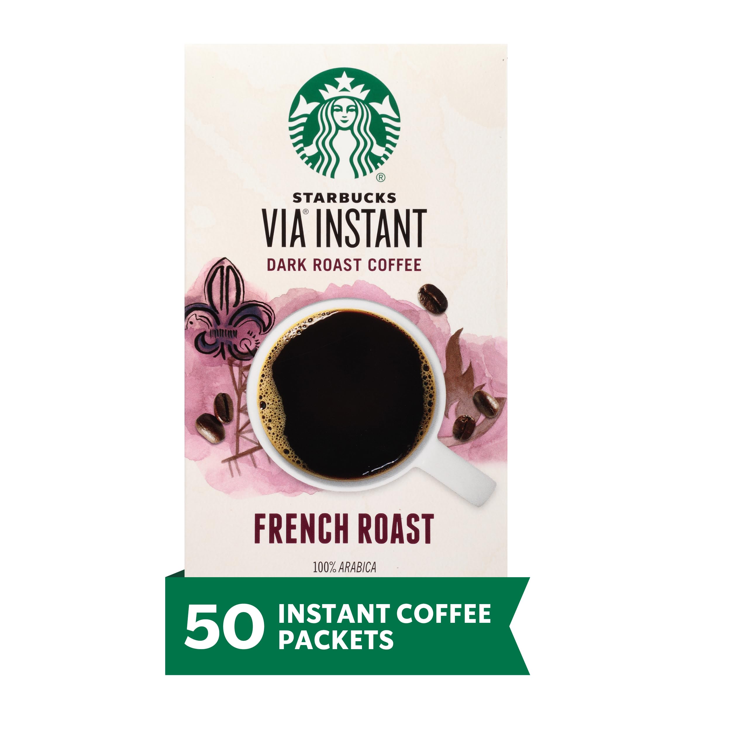 Starbucks VIA Instant Dark Roast Coffee - 100% Arabica French Roast (50 Single-Serve Packets) | Perfect for Office, Travel & Camping
