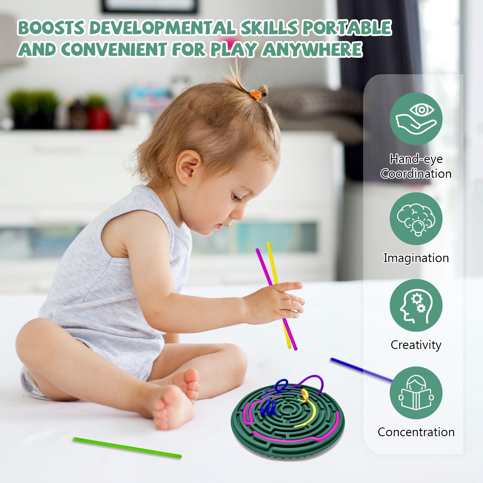 Sensory Fidget Board - Silicone Stress Relief Toy for Anxiety, ADHD & Autism - Calming Sensory Products for Kids 3+ & Adults - 12 Strings Fidget Pad (Green) - Perfect for Home, Office & Travel Relaxation