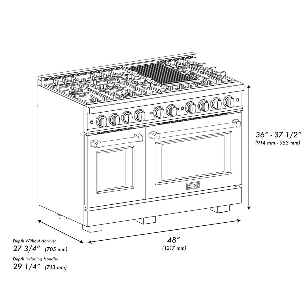 ZLINE 48-Inch 6.7 cu.ft Double Oven Gas Range with 8-Burner Cooktop in Black Stainless Steel (HGRB 48) - Professional Kitchen Appliance for Home Chefs & Large Family Cooking