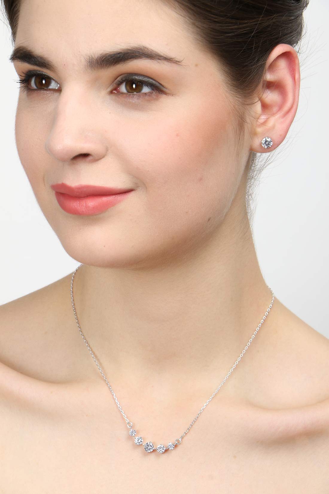 925 Sterling Silver 5-Stone Pendant Earrings & Necklace Set | Platinum Plated with Genuine Swiss Zirconia | Elegant Jewelry Gift for Women & Girls | Perfect for Weddings, Anniversaries & Special Occasions