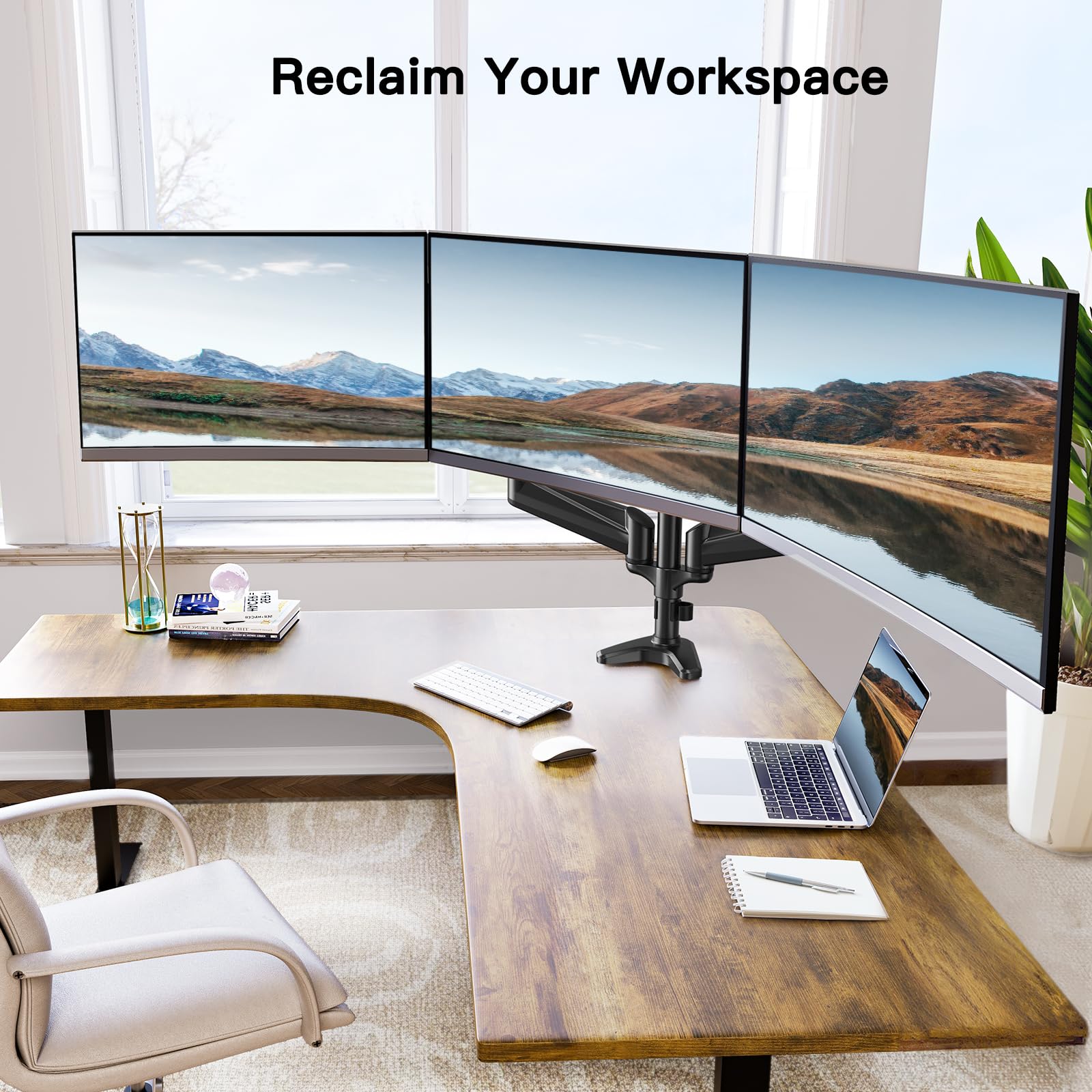 HUANUO Triple Monitor Stand for 17-32 Inch Screens - Adjustable Gas Spring Arm with Swivel, Tilt & Rotation - Heavy Duty Clamp & Grommet Mounting Kit (Black) - Perfect for Gaming, Office & Home Workstations