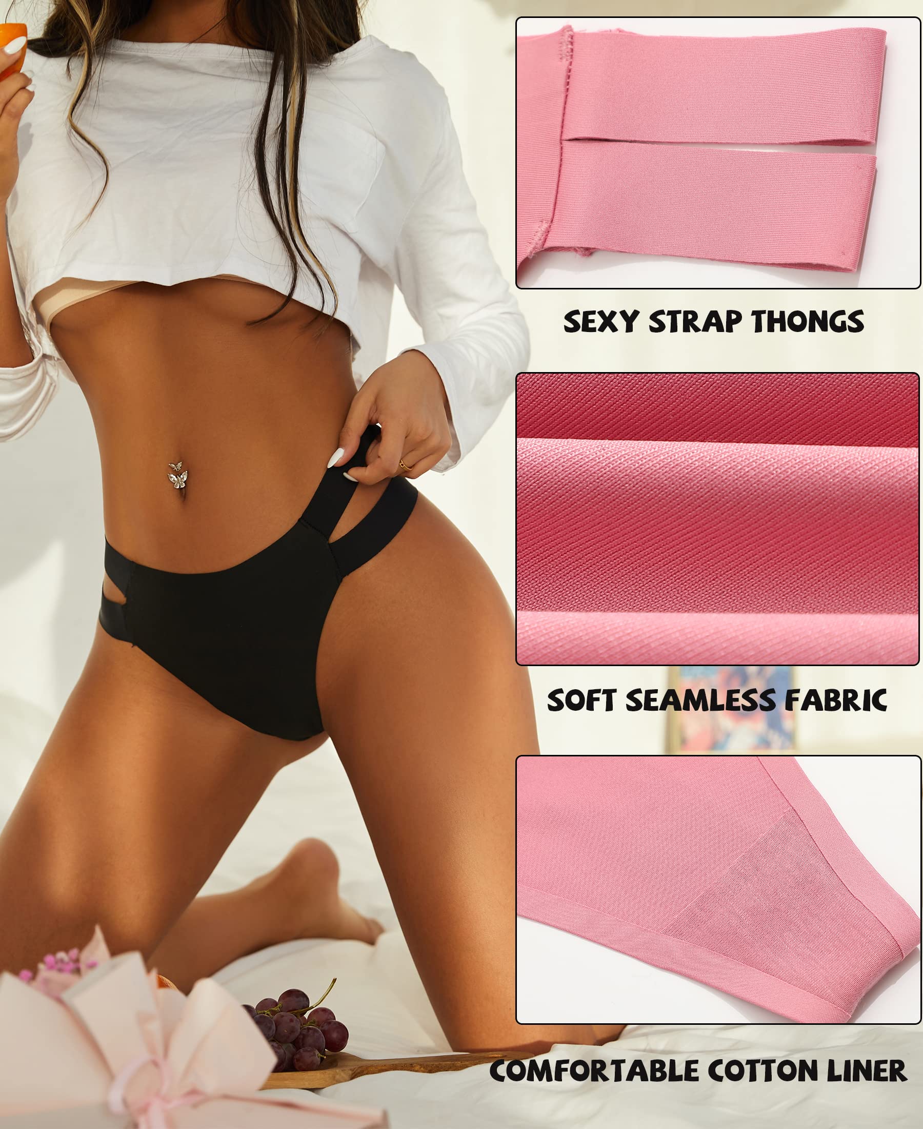 Knowyou 6 Pack Seamless Thongs for Women - Sexy No Show Breathable Underwear with Stretch Straps & T-Back Design | Comfortable Tangas Panties for Everyday Wear, Workout & Special Occasions