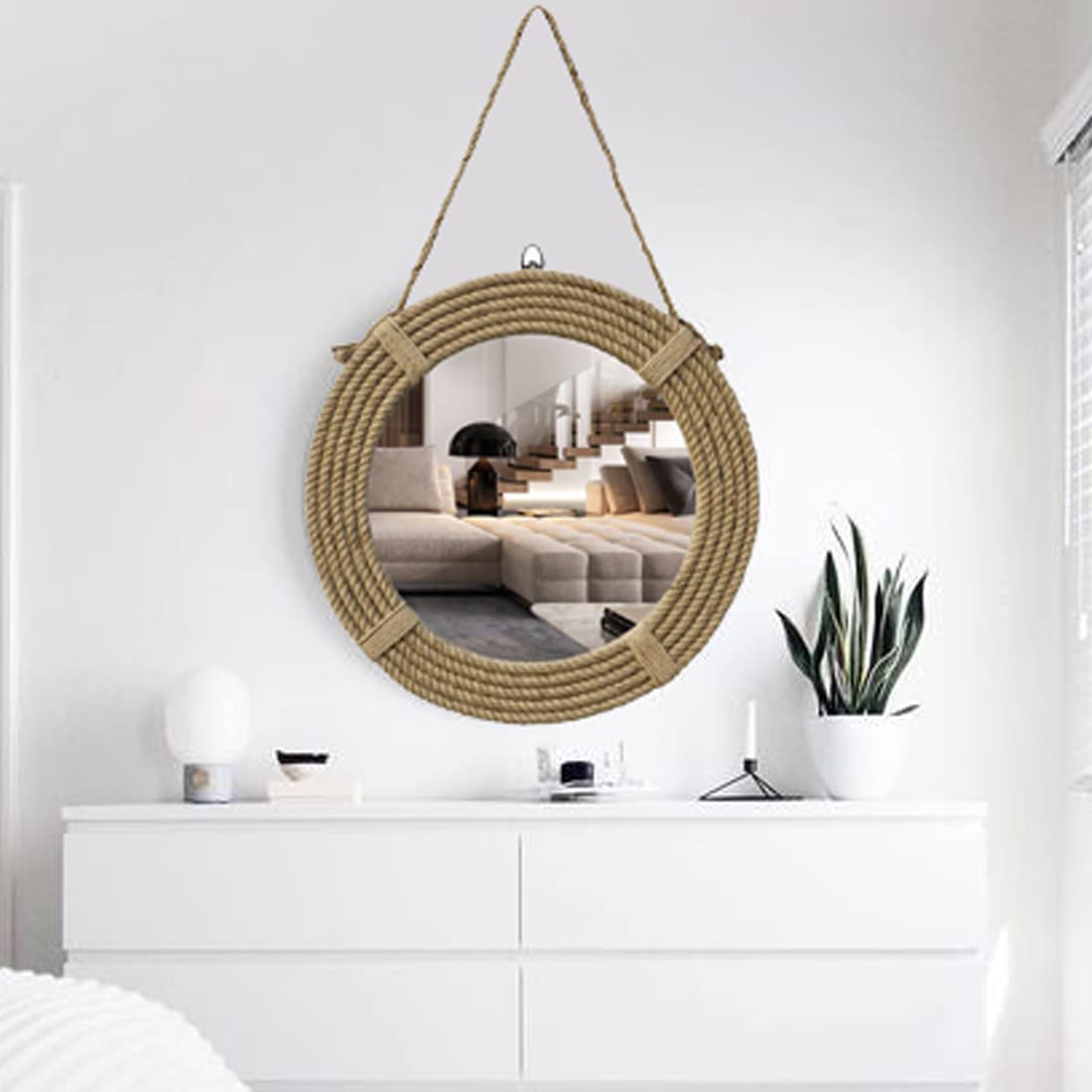 18x18 Inch Round Rope Mirror - Wooden Framed Vanity Wall Mirror for Bathroom, Bedroom & Desk Decor - Perfect for Coastal, Boho & Farmhouse Style Homes