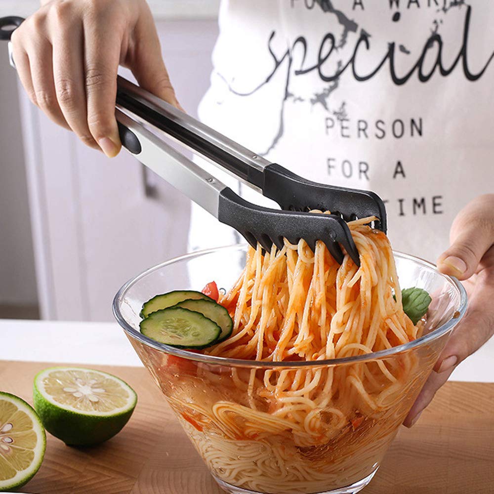 Premium Silicone Pasta Tongs - Non-Slip Cooking & Serving Tongs for Spaghetti, Noodles, Salad - Heat Resistant & Easy Grip Kitchen Utensil (Black) | Perfect for Italian Cooking, Pasta Nights & Salad Serving