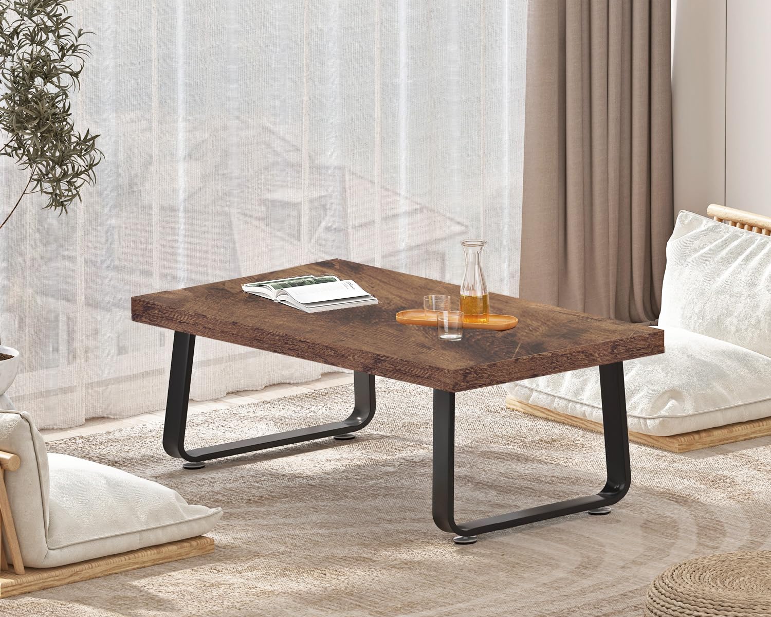HSH Rustic Coffee Table - Industrial Wood & Metal Center Table, Farmhouse Minimalist Oak Coffee Table for Living Room & Bedroom, Modern Rectangular Wooden Tea Table, Rustic Brown (39 Inch) - Perfect for Small Spaces, Apartments & Cozy Home Decor